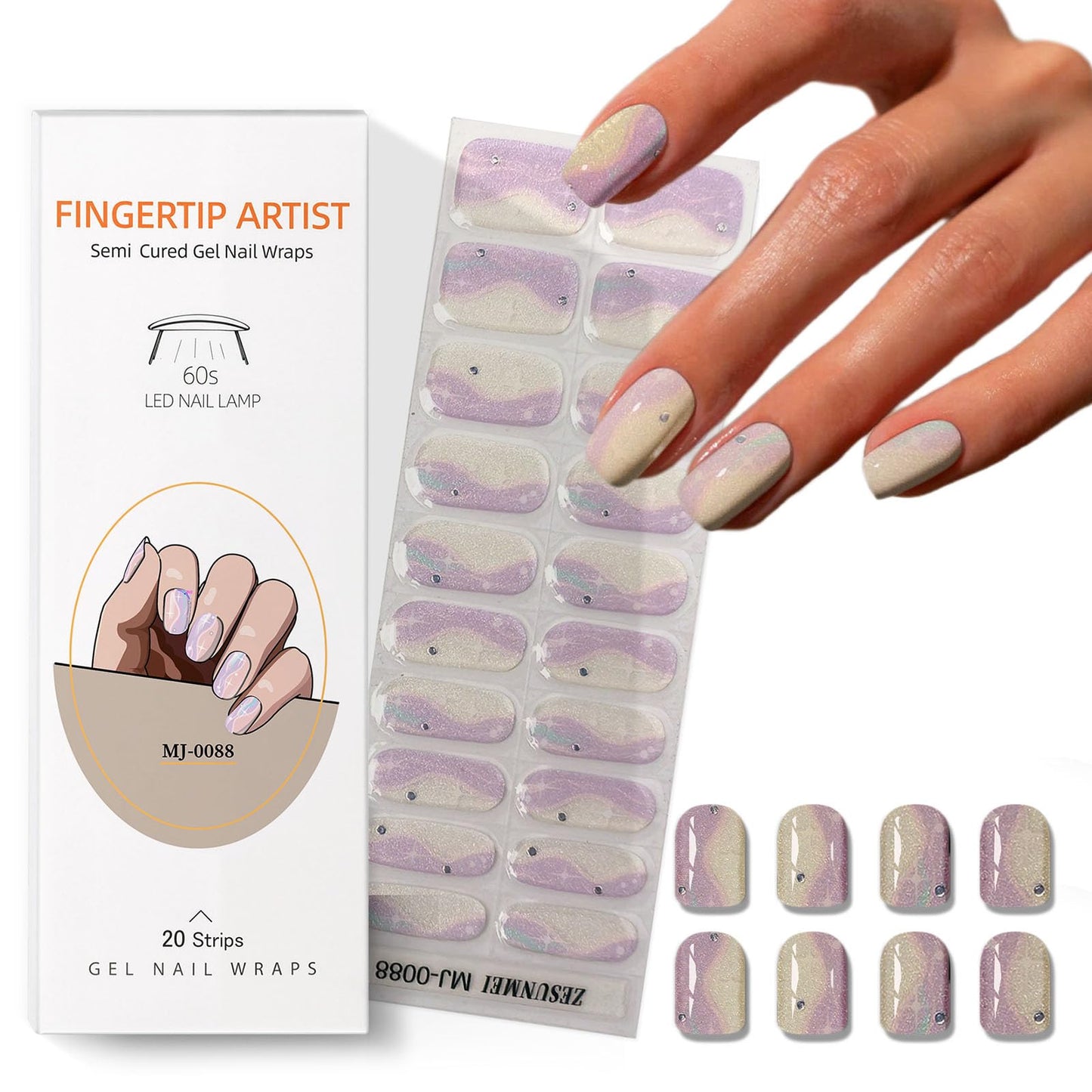 Semi Cured Gel Nail Strips with Purple and white Glitter Designs Gel nail stickers Glossy Nail strips Salon Quality & Easy to Use 20 Pcs for Women