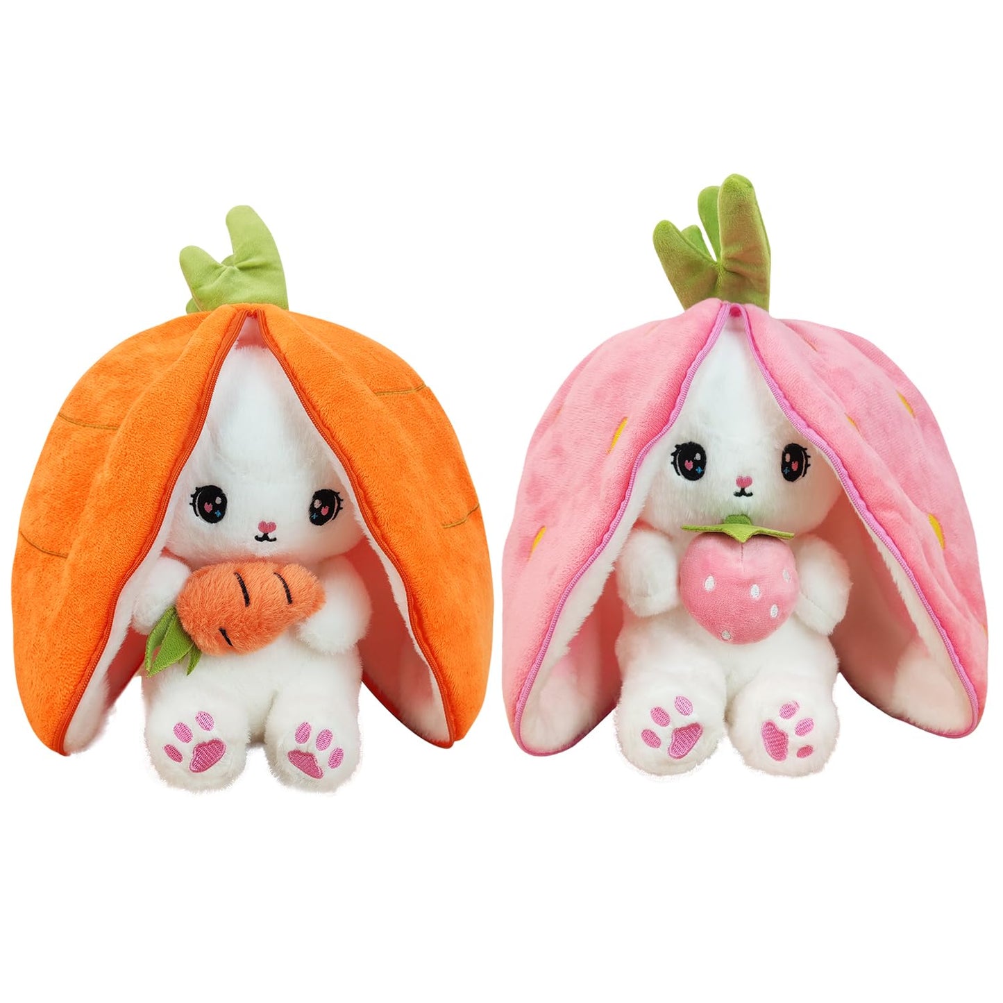 YUMEYA Bunny Stuffed Animal Reversible Cuddle Stuffed Pillow,Strawberry Transformed Rabbit Plush Zipper,Cute Kawaii Rabbit Toys Pillow Decoration for Kids