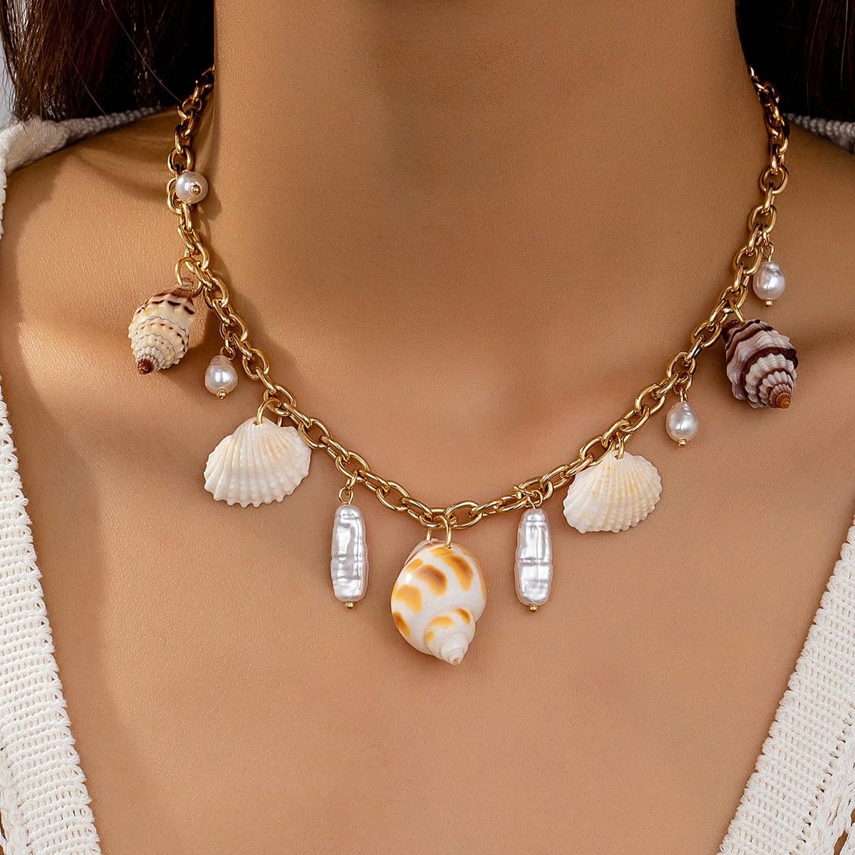 BlingNook Gold Charms Necklace For Women, Colorful Charm Beachy Fish Conch Seashell Heart Pepper Cool Ocean Layered Stackable Summer Holiday Jewelry (Conch)