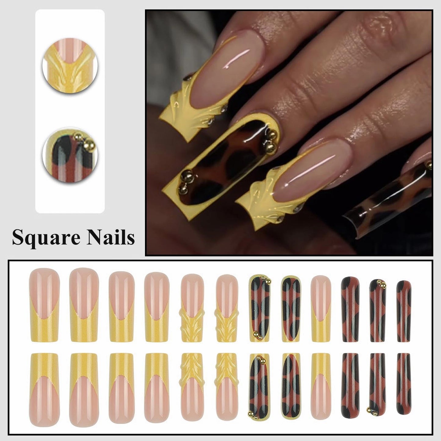 MISUD Press on Nails - Long Square Fake Nails with Fall Brown Amber, Acrylic Yellow French Tip Design 24 pcs