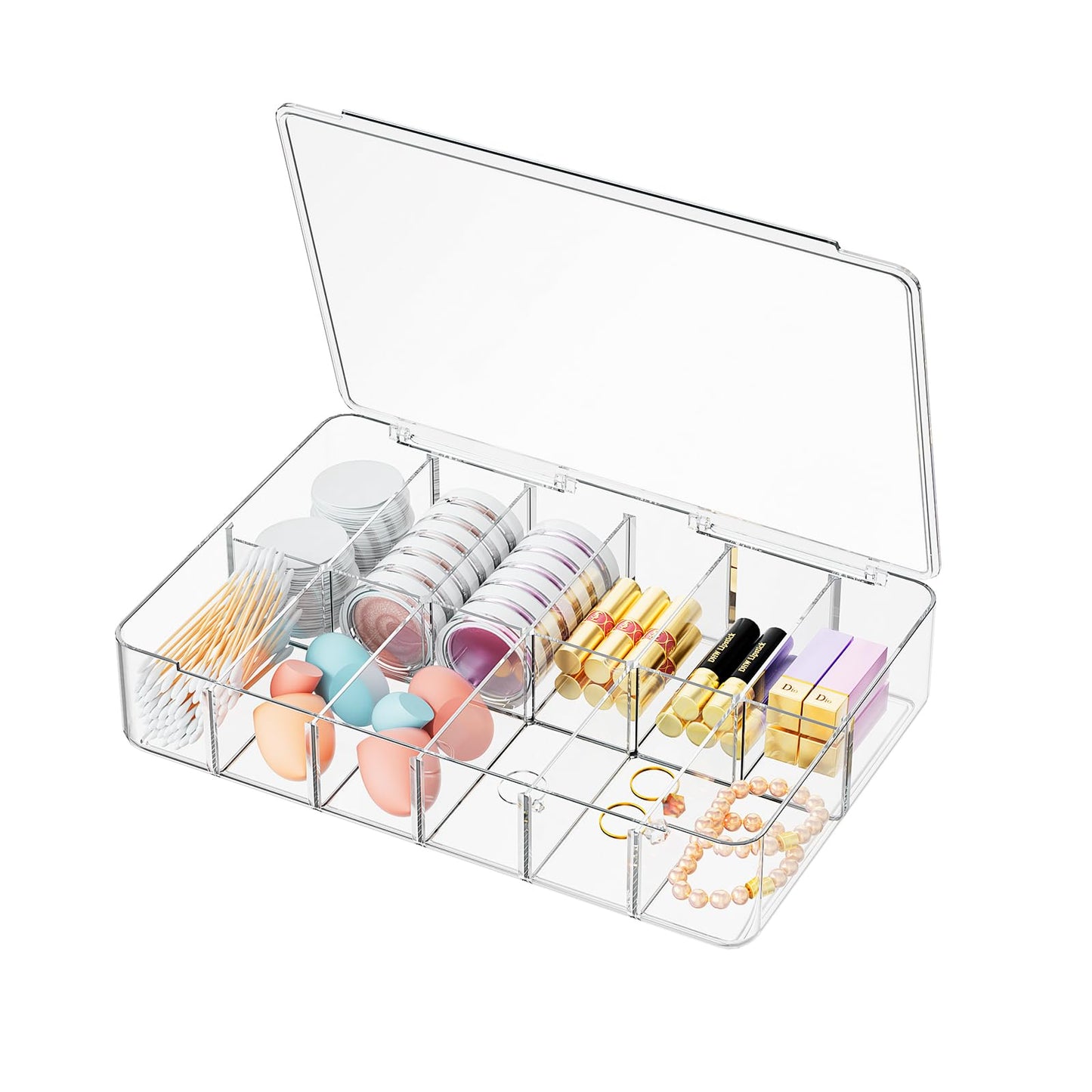APLOP Clear Acrylic Makeup Organizer with Cover - 12 Compartments Cosmetic and Jewelry Organizer for Vanity and Desk Storage