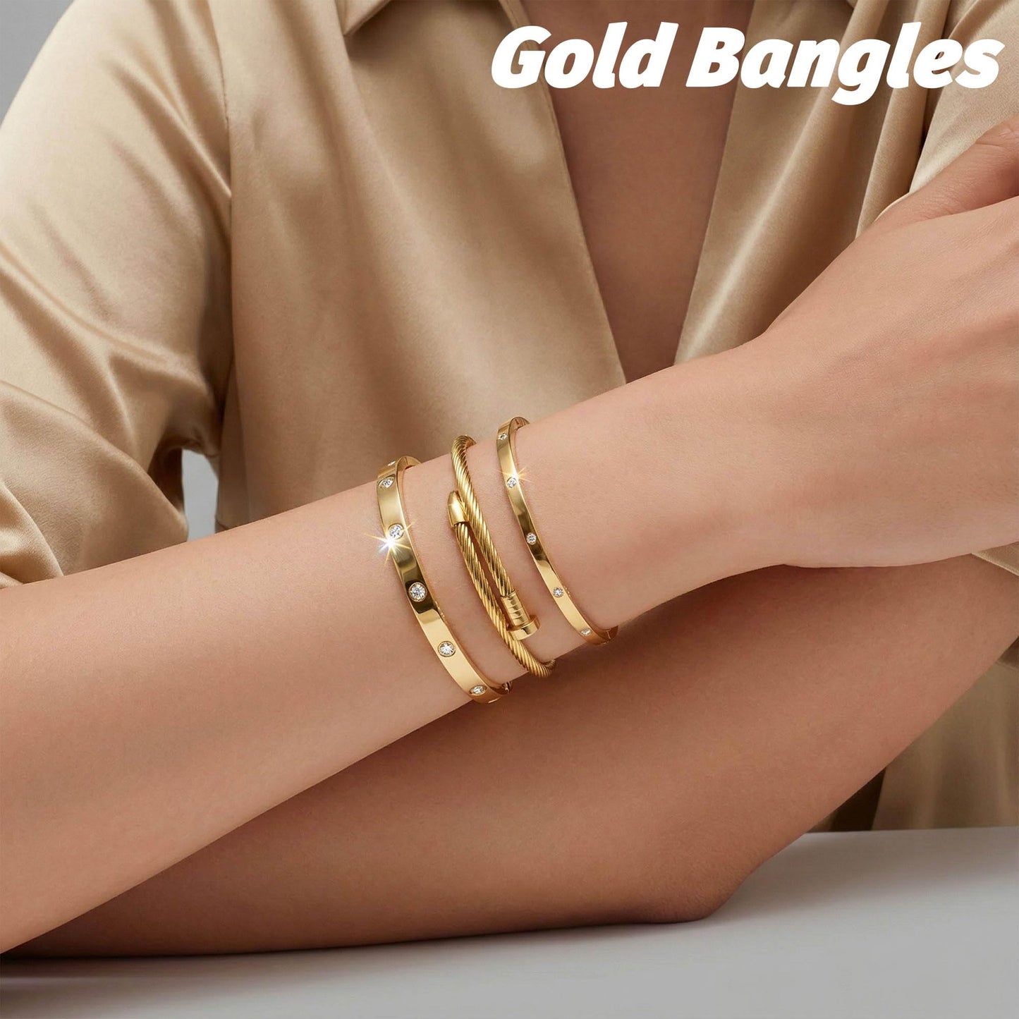 ISELBDR 18K Gold Bracelets for Women - Stackable Clover & Nail Love Bangle Set - Non-Tarnish Stainless Steel Jewelry for Valentine's, Mother's Day & Christmas (White)
