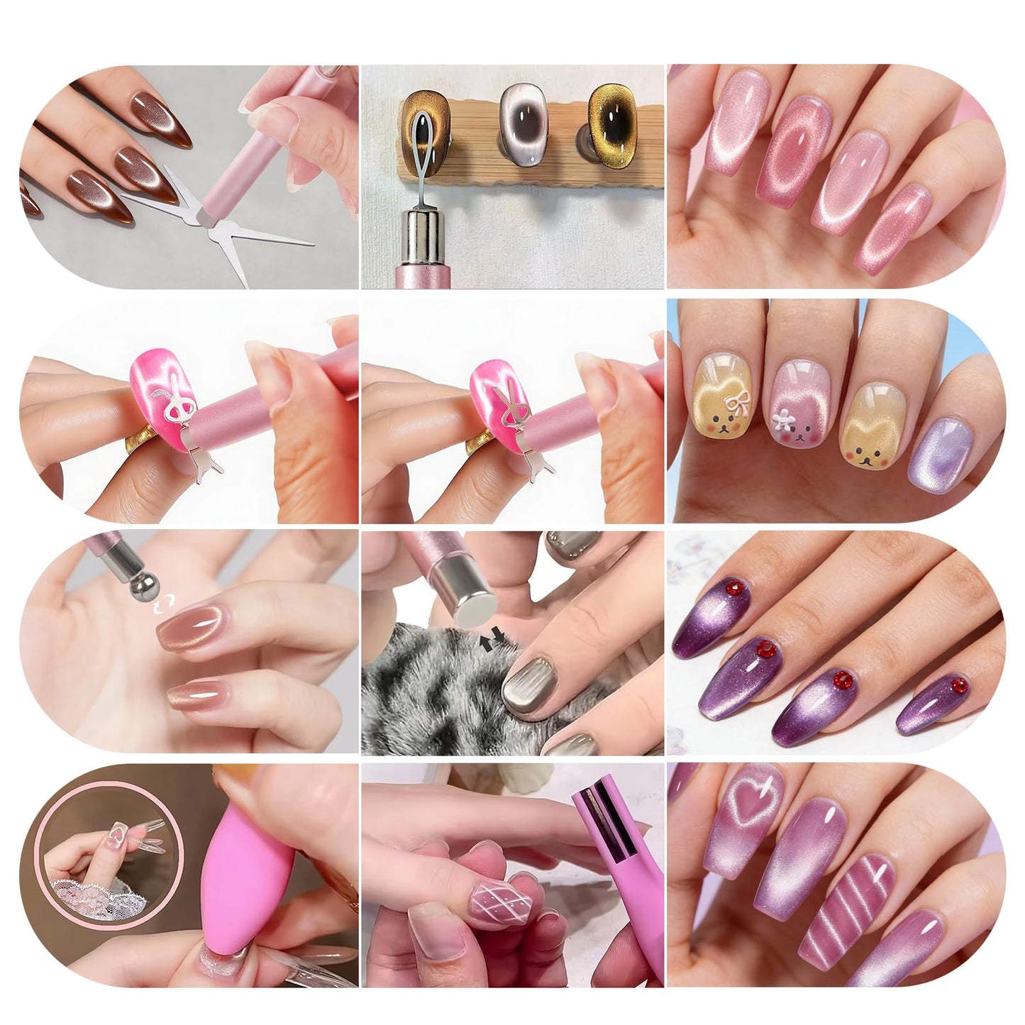 YECIRALA 2 Pcs Nail Art Cat Eye Magnets with Y&O-Shaped And Bunny Molds For Nails, 3 In 1 Versatile And Cylinder Nail Magnet Tools For Cat Eye Gel Polish Magnets, Heart, Lines & Hole Cateye Magnets