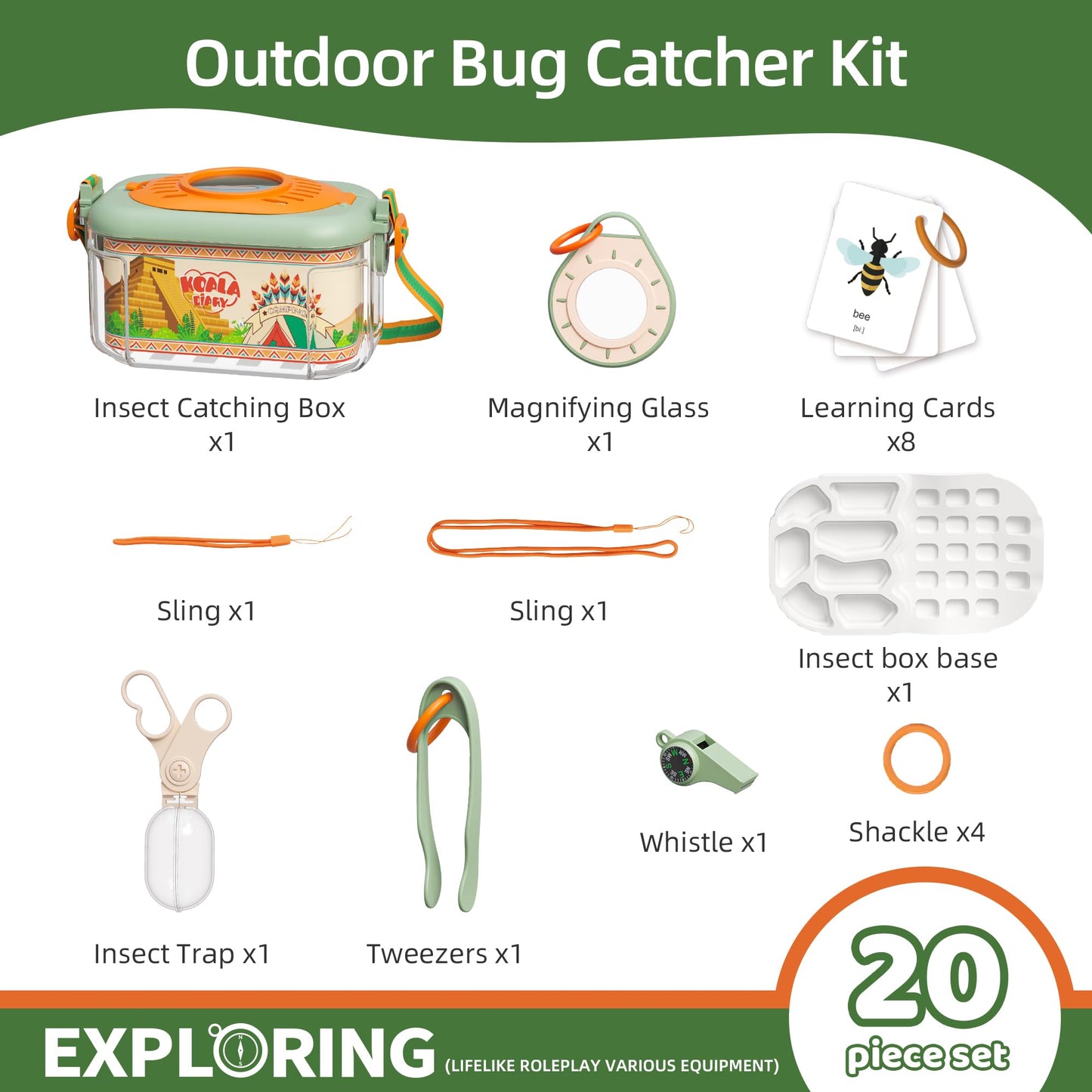 KOALA DIARY Bug Catcher for Kids Explorer Bug Catching Kit,Magnifying Glass, Tweezers, Whistle & Compass, Learning Guide, Insect Habitat, Outdoor Toys(3 Year +) (Kids Bug Catcher Set)