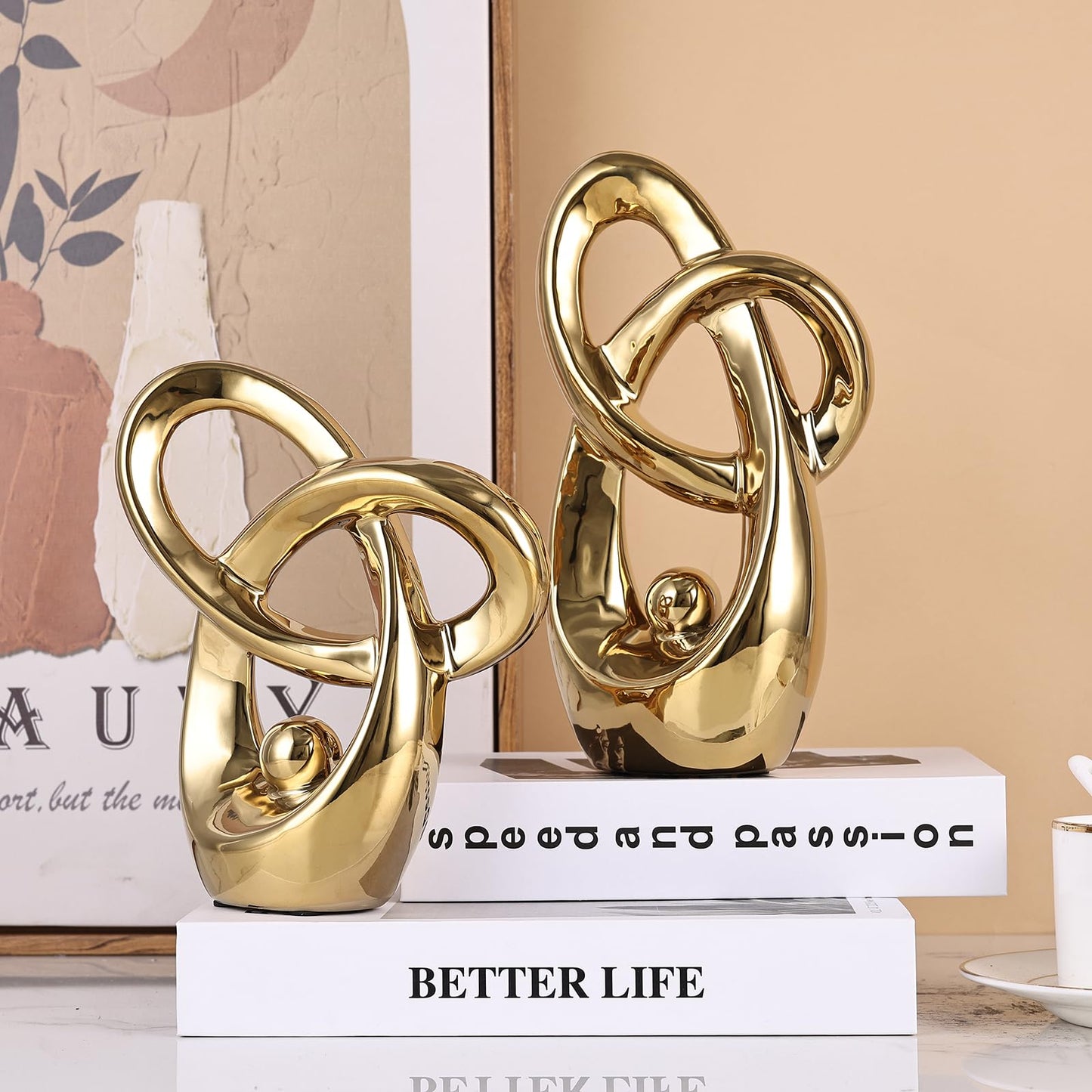 GAOSHENG Gold Modern Abstract Art Home Decor Accent,Statues Coffee Table Decor for Living Room,Table Centerpieces for Dining Room,Ceramic Sculptures and Gold Knick Knacks for TV Stand Decor