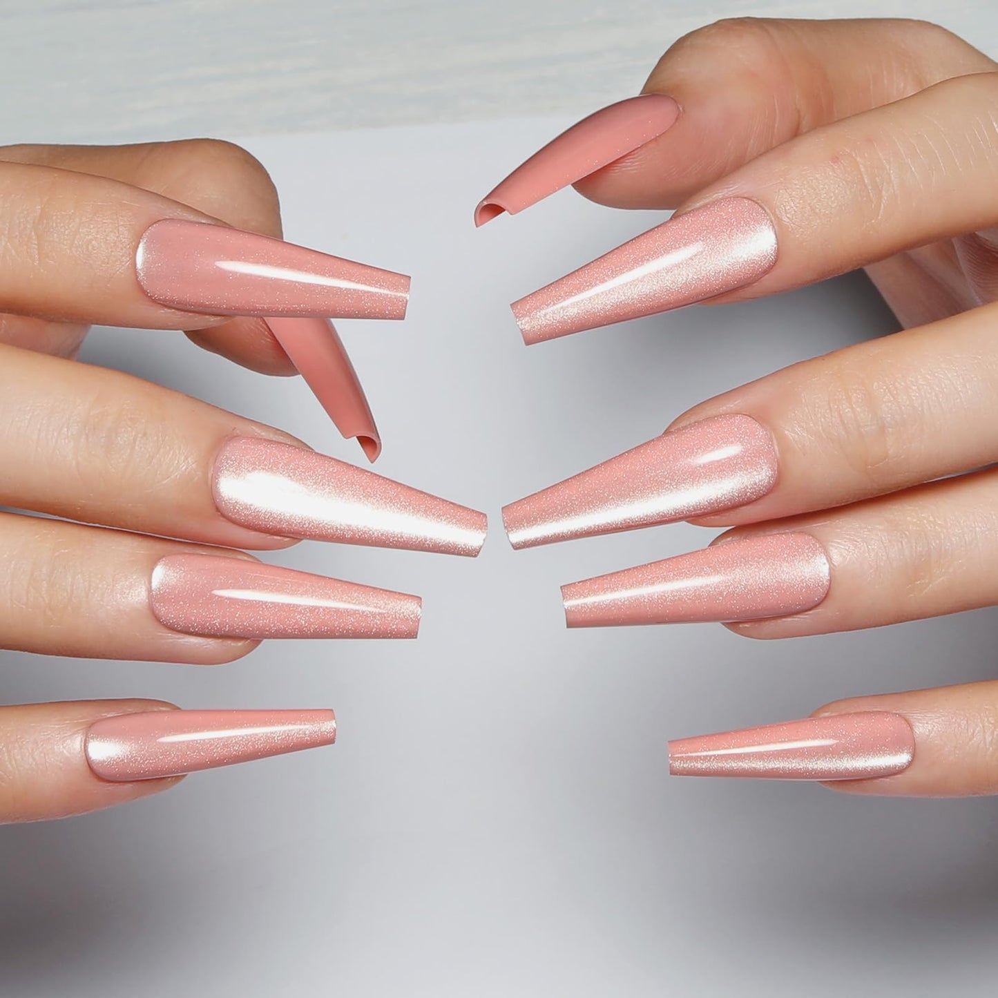Handmade Press on Nails - Soft Pink Fake Nails | Velvet Effect Design Light Color Nails | Glossy,Glitter,Gradient Color,Reusable Long Acrylic Nails | 12 Sizes - 24 Nail Kit with Jelly Glue