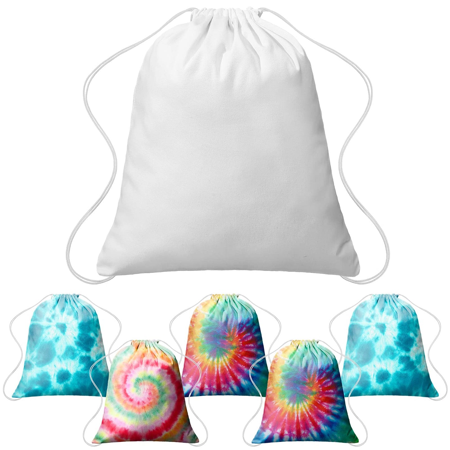 Saintrygo 6 Pieces 12/6 Pcs Tie Dye Cotton Drawstring Bags Sublimation Blank Backpack White Canvas Bags Kid DIY Items for Party Favors (White)