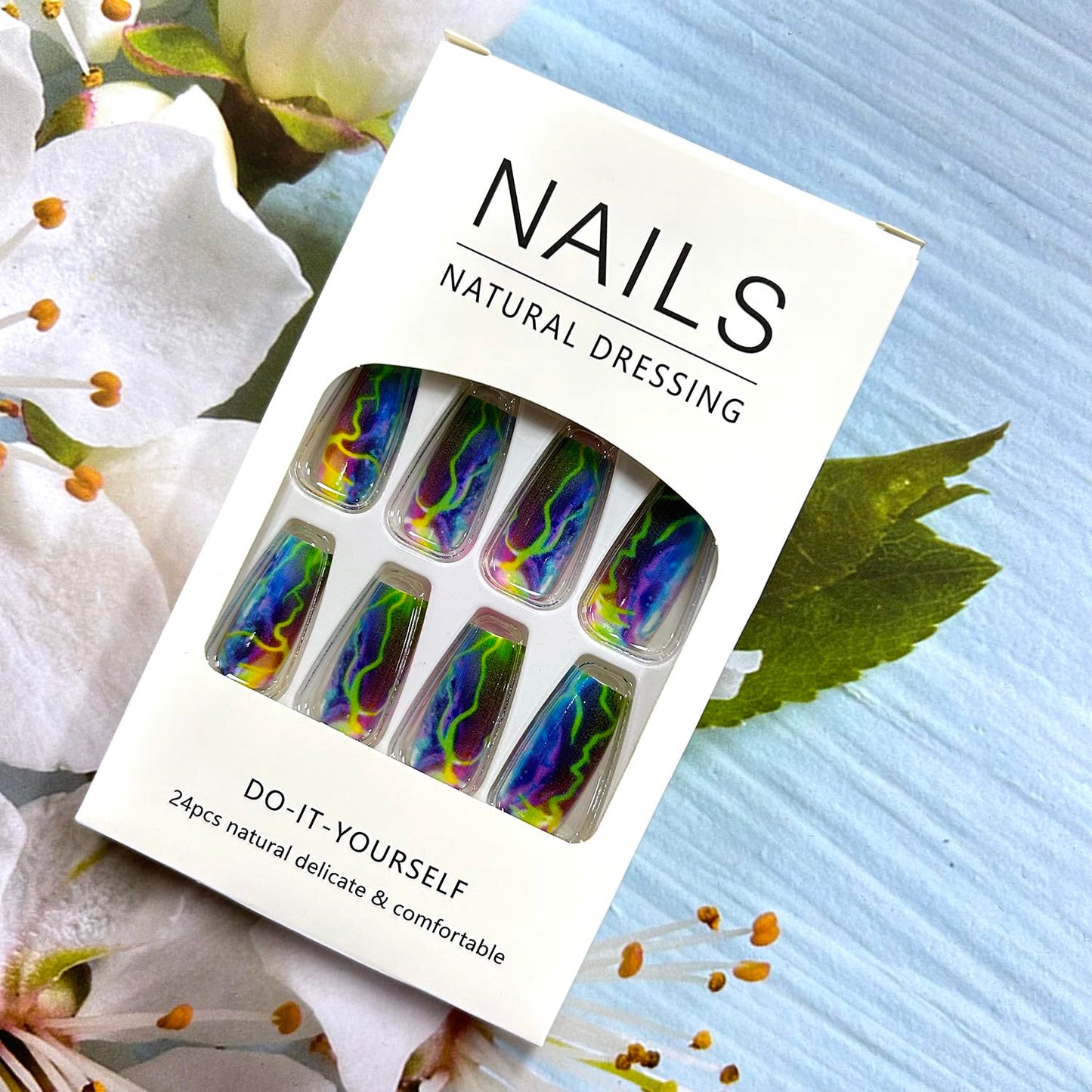 Press On Medium Square Aurora Green Lightning Design False Nails - Full Cover Artificial Acrylic Coffin Nails - Reusable Glue On DIY Stick On Nails for Women - 24Pcs