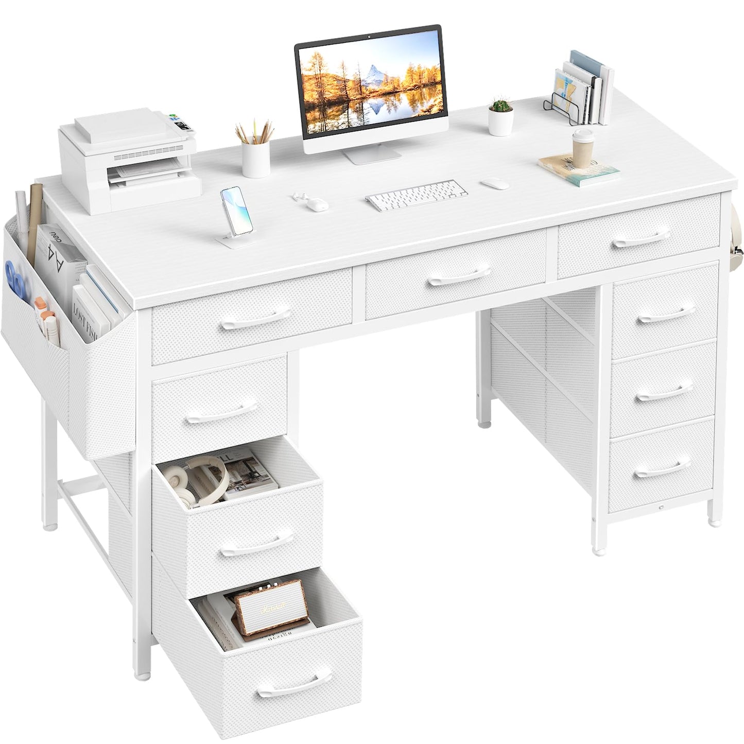 Lufeiya 47 Inch Computer Desk with 9 Drawers, Office Desk Work Desk for Home Office, Study, Writing, Vanity Desk with Fabric Drawers on Both Sides, Large Storage, White