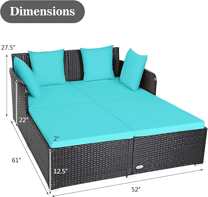 HAPPYGRILL Outdoor Rattan Daybed Patio Loveseat Sofa Set with Padded Cushion Pillows and Sturdy Aluminum Foot, Wicker Patio Furniture for Garden Porch Poolside