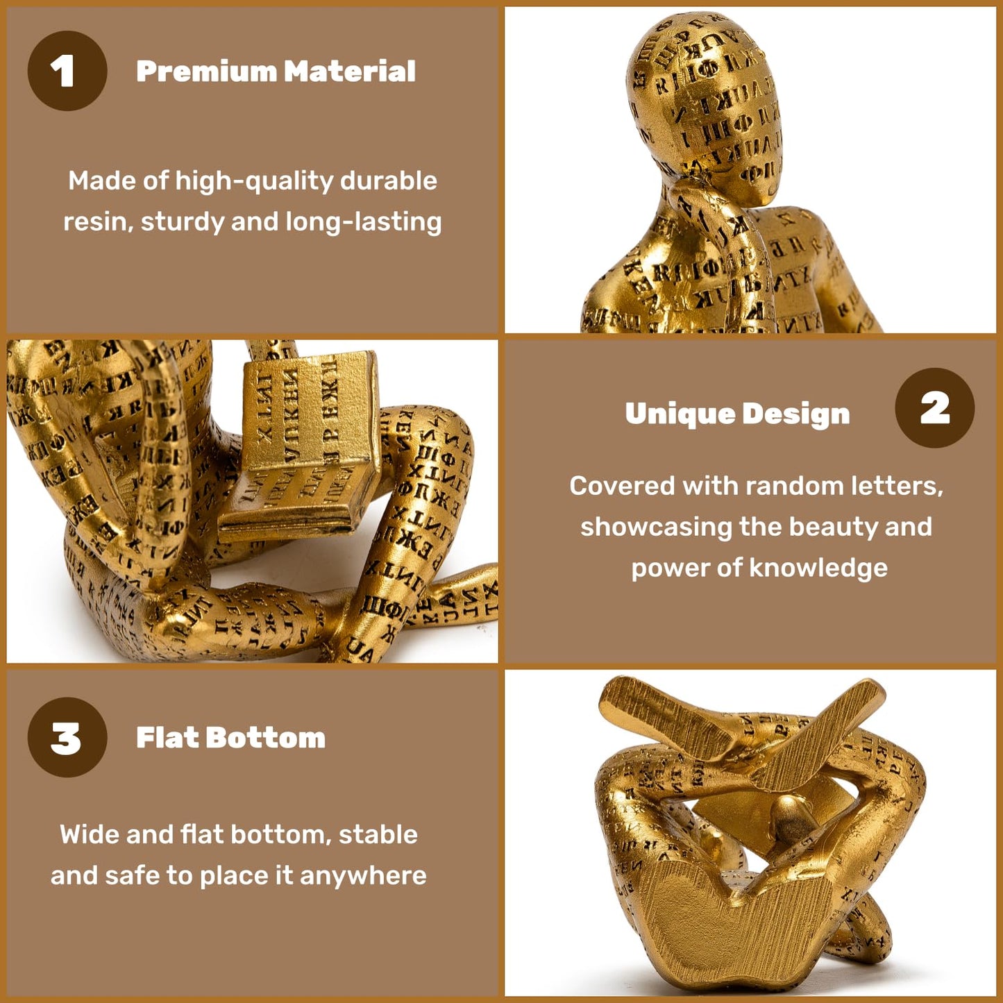 Antique Gold Reading Thinker Statue, Set of 2 Bookshelf Decor Abstract Art Thinker Sculptures, Modern Aesthetic Figurine Home Decoration Ornaments for Living Room Office Shelf Coffee Table Desk Decor