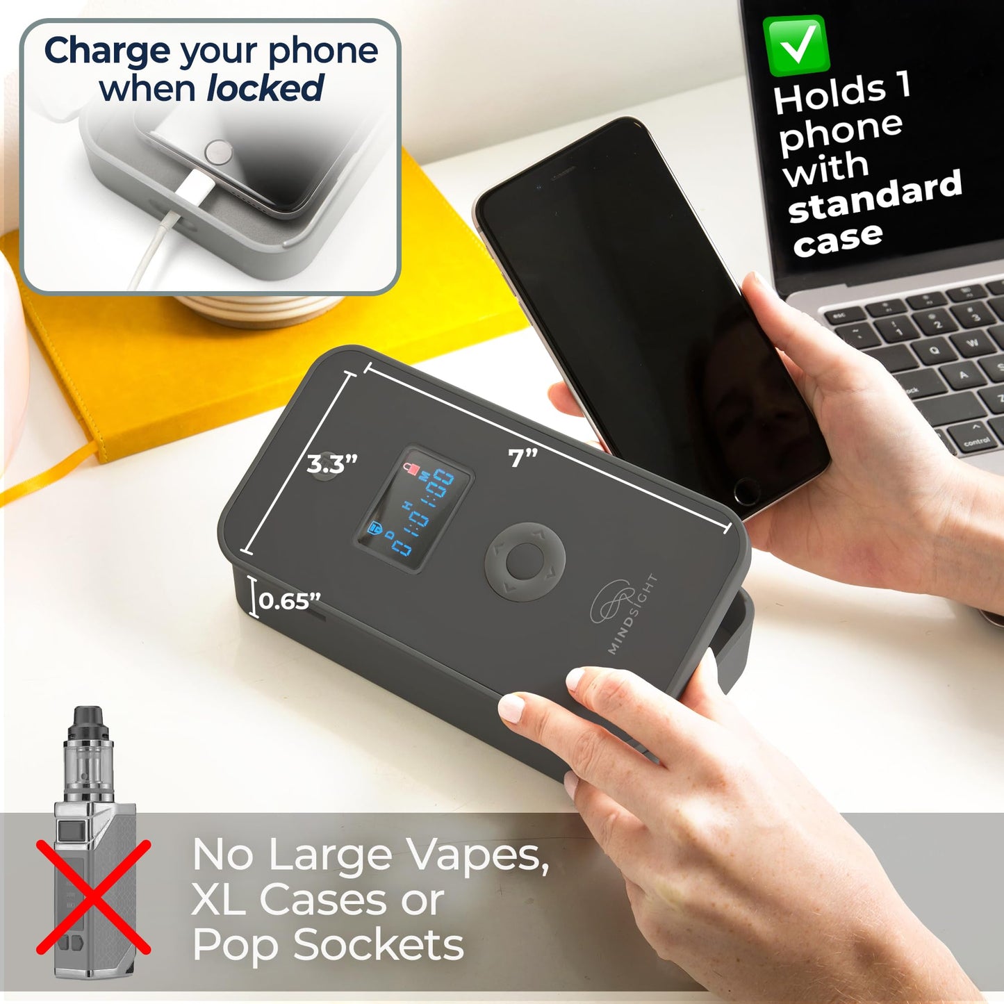 Mindsight Personal Timed Lock Box | Unplug from Phones and Other Small Distractions | 3 Modes based on Willpower | Easy to Use | Out of Sight ~ Out of Mind | Boost Your Mental Wellness