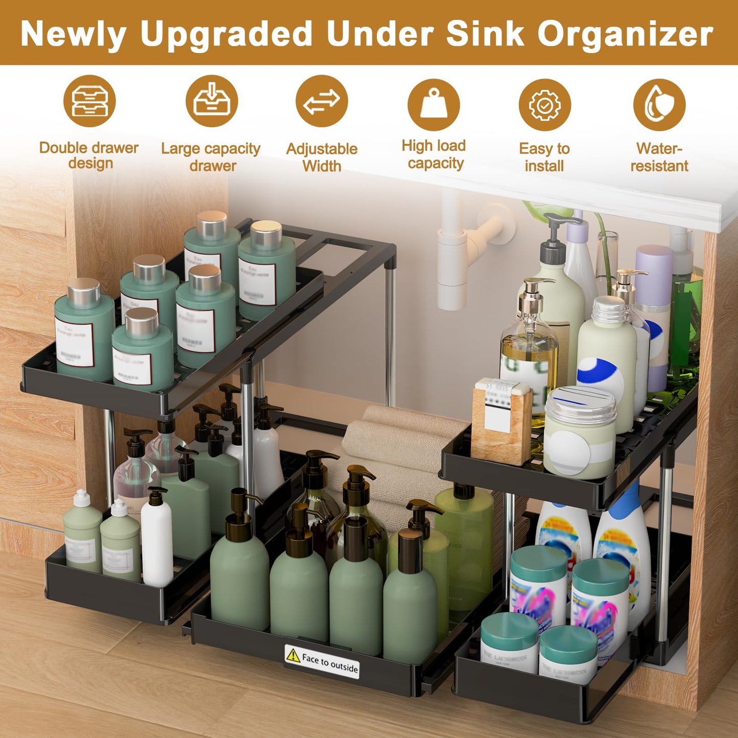 NIUXX Expandable Under Sink Organizer: 2 Tier Under Cabinet Organizer - Double Pull Out Shelf Under Sink Storage for Kitchen - Bathroom and Laundry Room - Space Saving