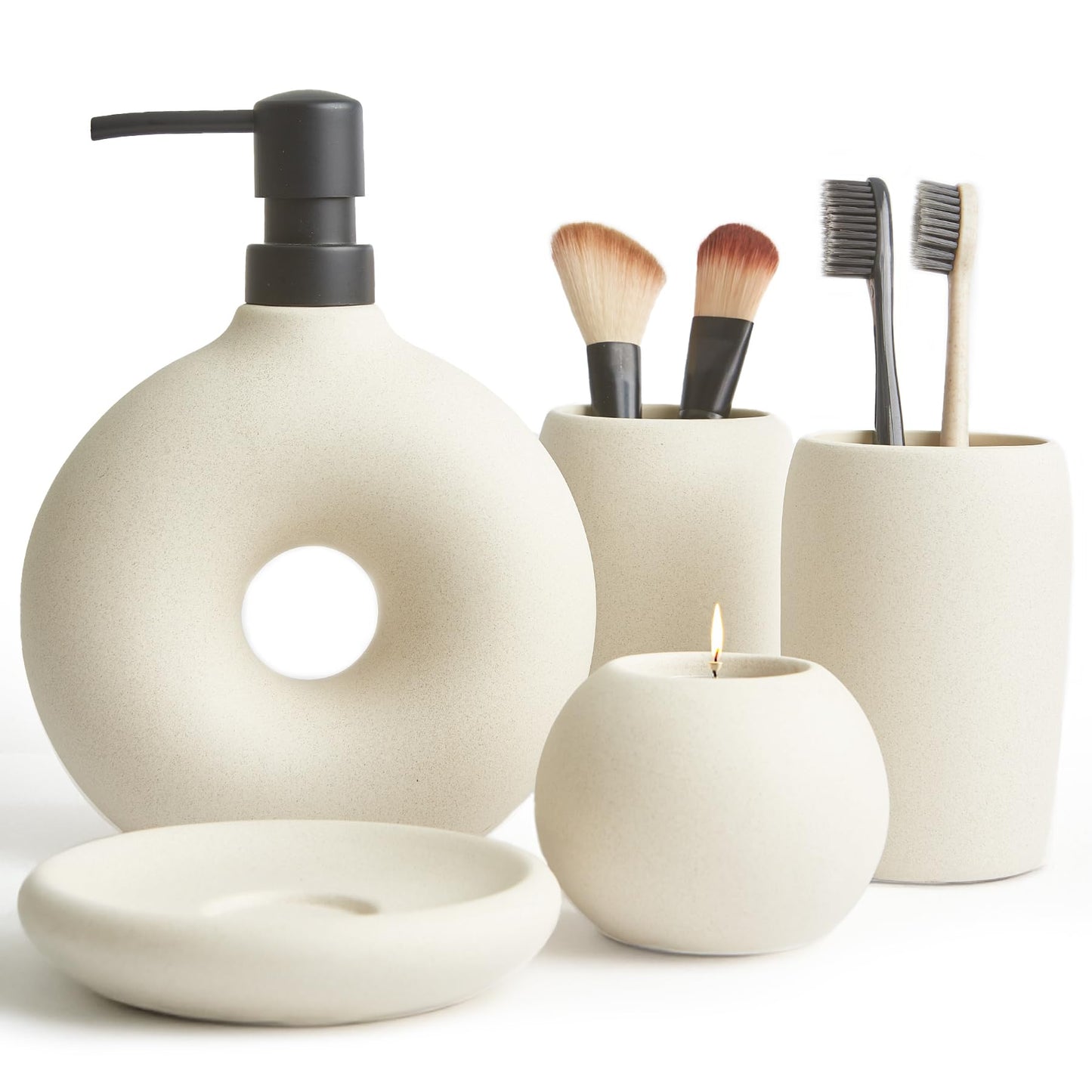 Terramoza Ceramic Bathroom Accessory Set, 5 Pcs - Soap Dispenser 16 Oz, Toothbrush Cup, Toothbrush Holder, Soap Dish, Candle Holder - Beige, Boho Bathroom Sink Decor, Modern Countertop Accessories