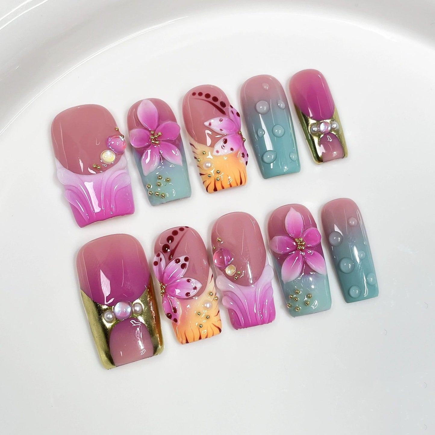 Threelegscat Square Handmade Press on Nails Medium Nails Press Ons With 3d Flower and French Tip Design Reusable Fake Nails for Women for Spring and Holiday 10pcs M Size Pattern S1107