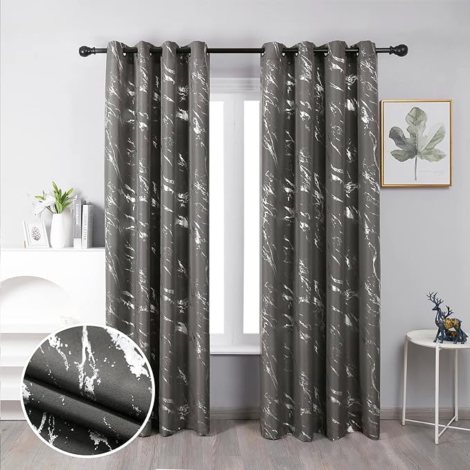 Taisier Home Silver Foil Print Linen Textured Curtains Geometric Marble Pattern Design Curtains for Living Room Thermal Insulated Window Treatment 2 Panels 95" L,Dark Grey and Silver Curtain Print