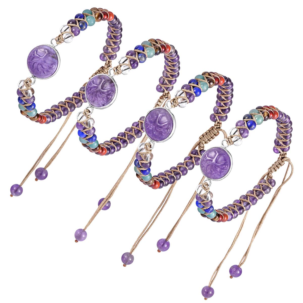 TUBMEELLUWA 7 Chakra Crystal Tree Pattern Braided Stone Beads Bracelet Adjustable Strand Beaded Bracelet Bangle Double Layers, Amethyst