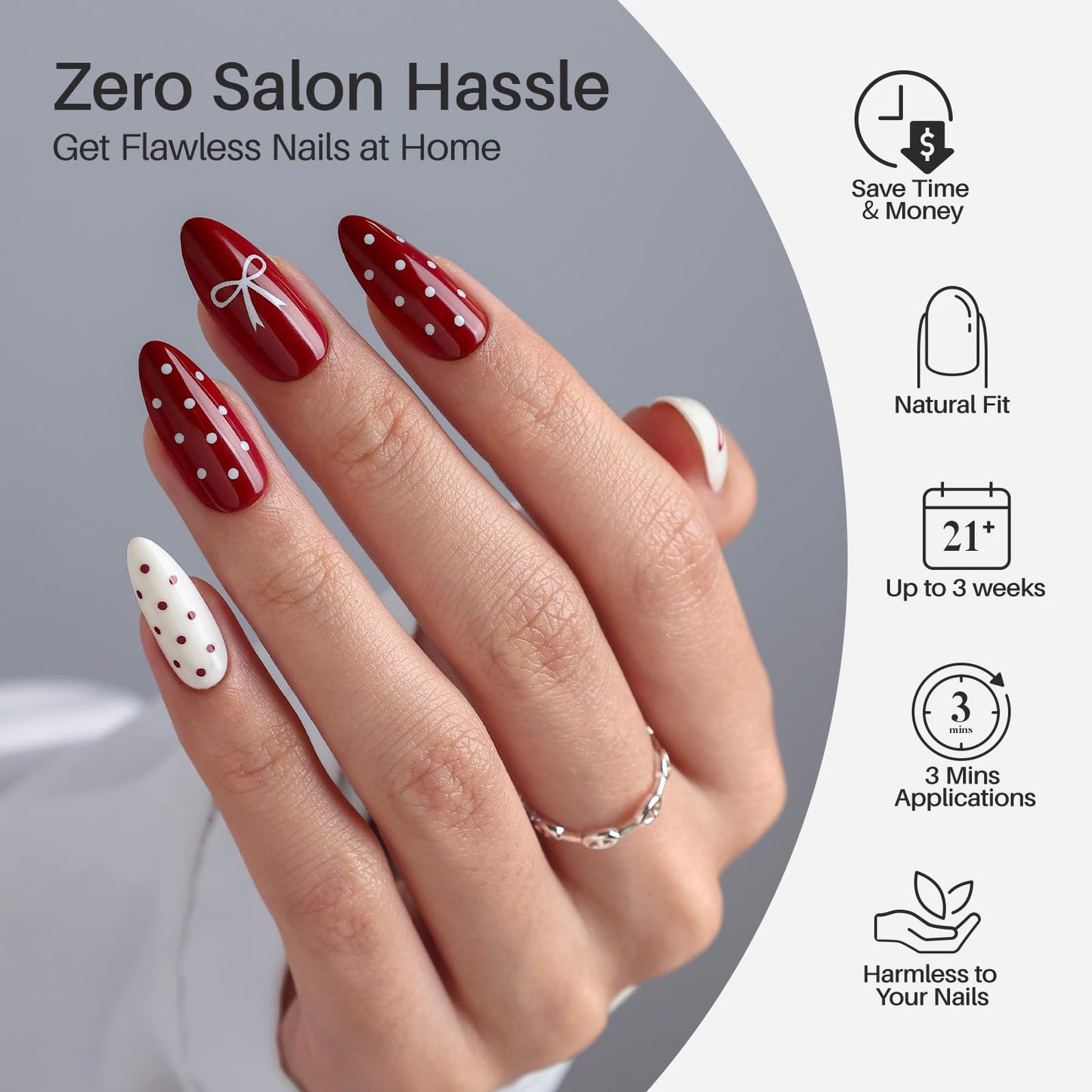 Red and White Medium Press on Nails - Polka Dot and Bow Design, SHANGMENG Soft Gel Almond Nails for Women, Glue on Nails in 16 Sizes - 32 Reusable Fake Nails Kit with Glue, Red & White Variation