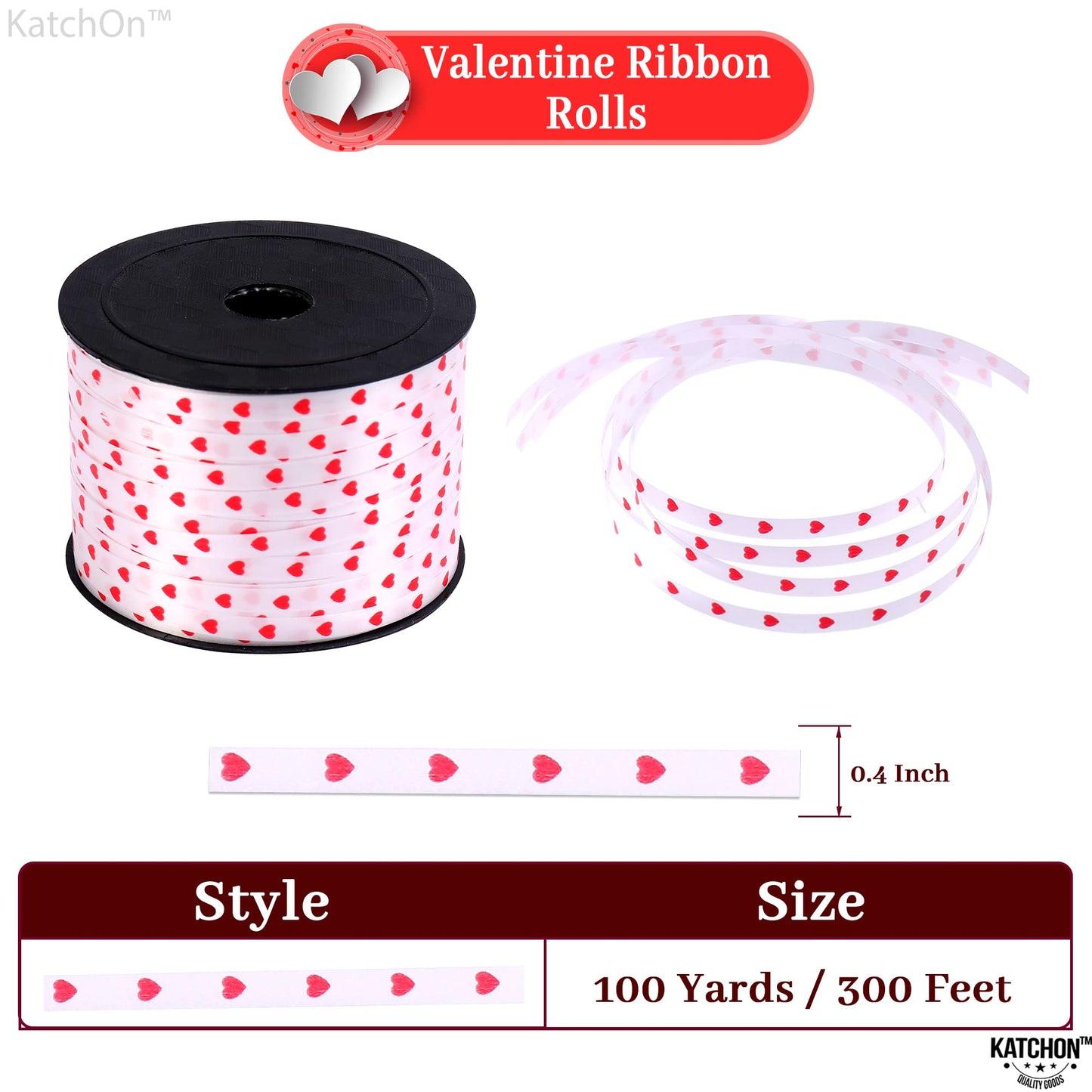 KatchOn, Red Heart Ribbon for Crafts - 100 Yards | Red Heart Curling Ribbon for Valentines Day Decorations | Valentines Ribbon | Bridal Shower Decorations, Happy Anniversary Decorations