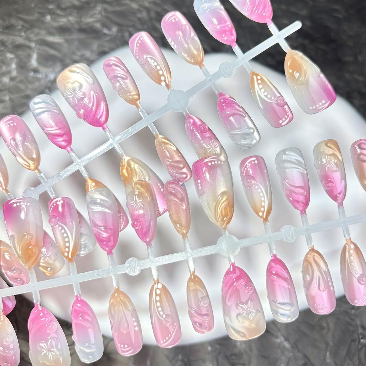 OSTTMA 30Pcs Pink White Gradient Aurora 3D Flower Nails, Almond Shaped, Glossy Acrylic Press On Nails, Full Cover, Reusable, 2 Sets of 15pcs Each