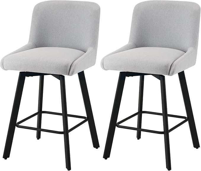 Swivel Bar Stools Set of 2, 26''H Upholstered Barstools with Backs, Modern Counter Height Bar Stool Chairs for Kitchen Island, Metal Legs, Fabric, Light Gray Counter Stools