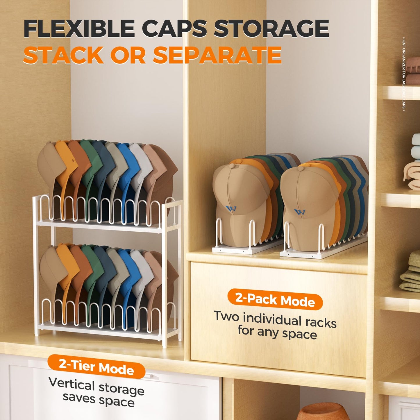 Cinati 2-Tier Hat Organizer for Baseball Caps, 18 Capacity Freestanding Baseball Cap Rack, Metal & Wood Hat Storage for Closet Entryway Bedroom, Black Cap Holder Stand, Gifts for Men Dad