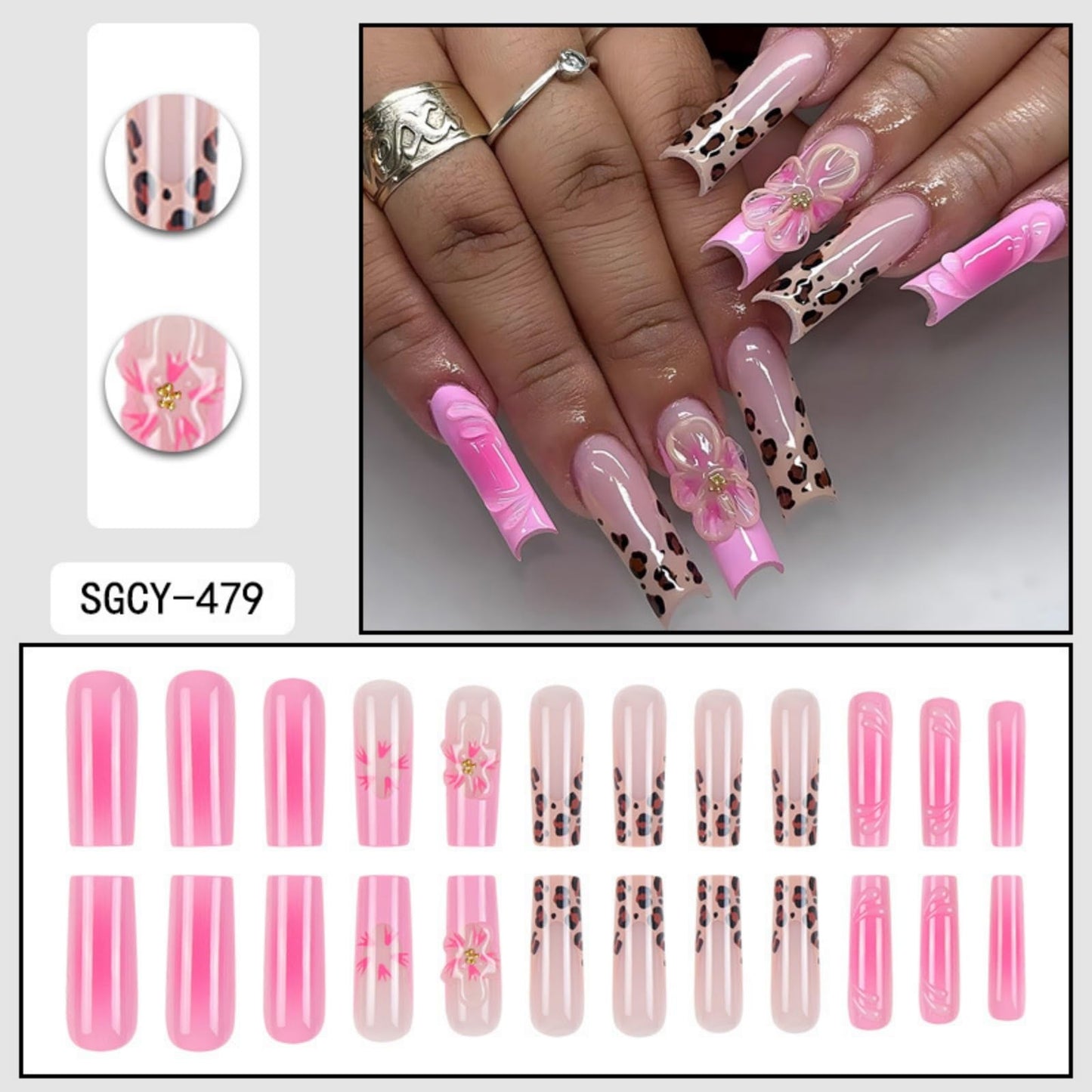 Long Press on Nails Square Fake Nails French False Nails Pink Artificial Nails with Flowers and Leopard Designs Cute Stick on Nails for Women 24pcs