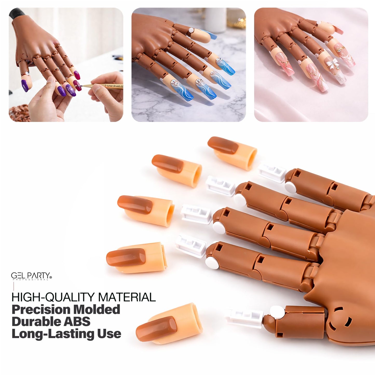 GELPARTY Flexible Nail Practice Hand with Table Clamp - Full Training Starter Kit for Acrylic & Gel Nails, Includes 200pcs Brown Tips, Clippers, Files & Brushes - Professional Manicure Set (Set B+)
