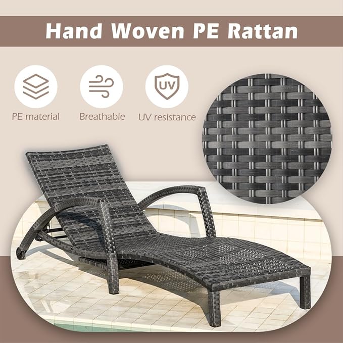 Chaise Lounge Chairs Outdoor Set of 4, Comfy Outside Wicker Patio Pool Lounge Chair w/ 5 Adjustable Back Angle, Cup Holder, Thicken Cushion