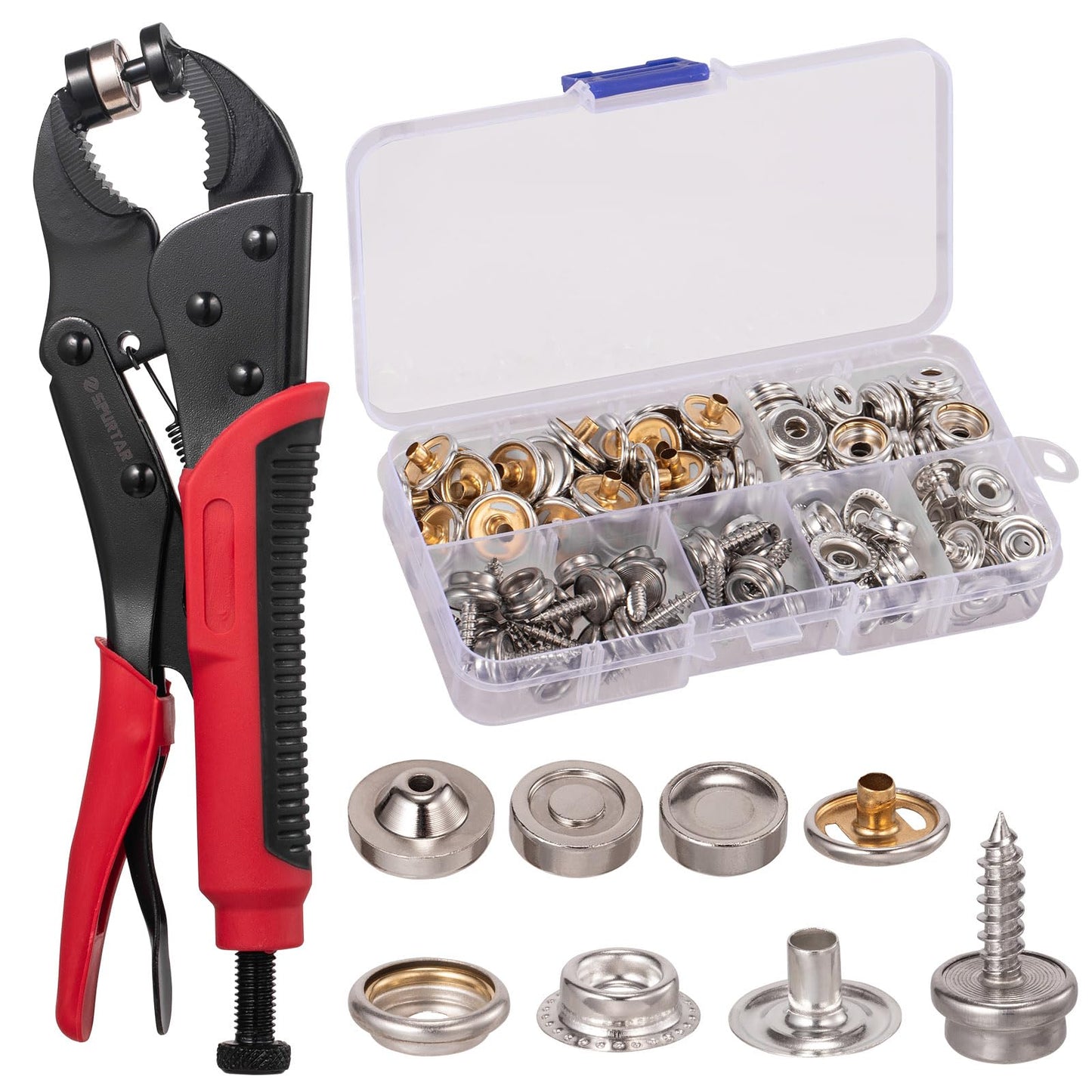 Spurtar Heavy Duty Snap Fastener Tool Adjustable Snap Button Kit with 3 Dies and 40 Sets 15mm Buttons for Boat Cover Leather Fabric Cloths Denim Canvas Tarp Crafts DIY Buckle Repair and Installation