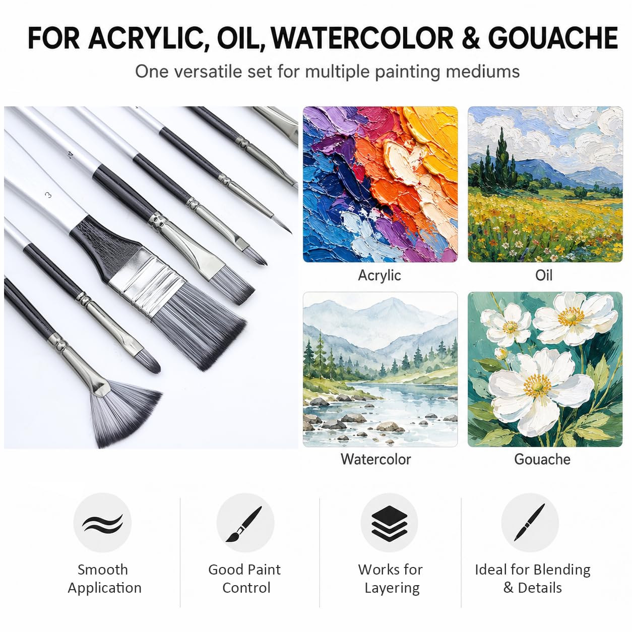 JYN-ANREN 24Pcs Multi-Shape Paint Brushes Set for Acrylic, Oil, Watercolor & Gouache with Palette Knife and Waterproof Canvas Roll, Synthetic Bristles Art Supplies for Artists & Beginners