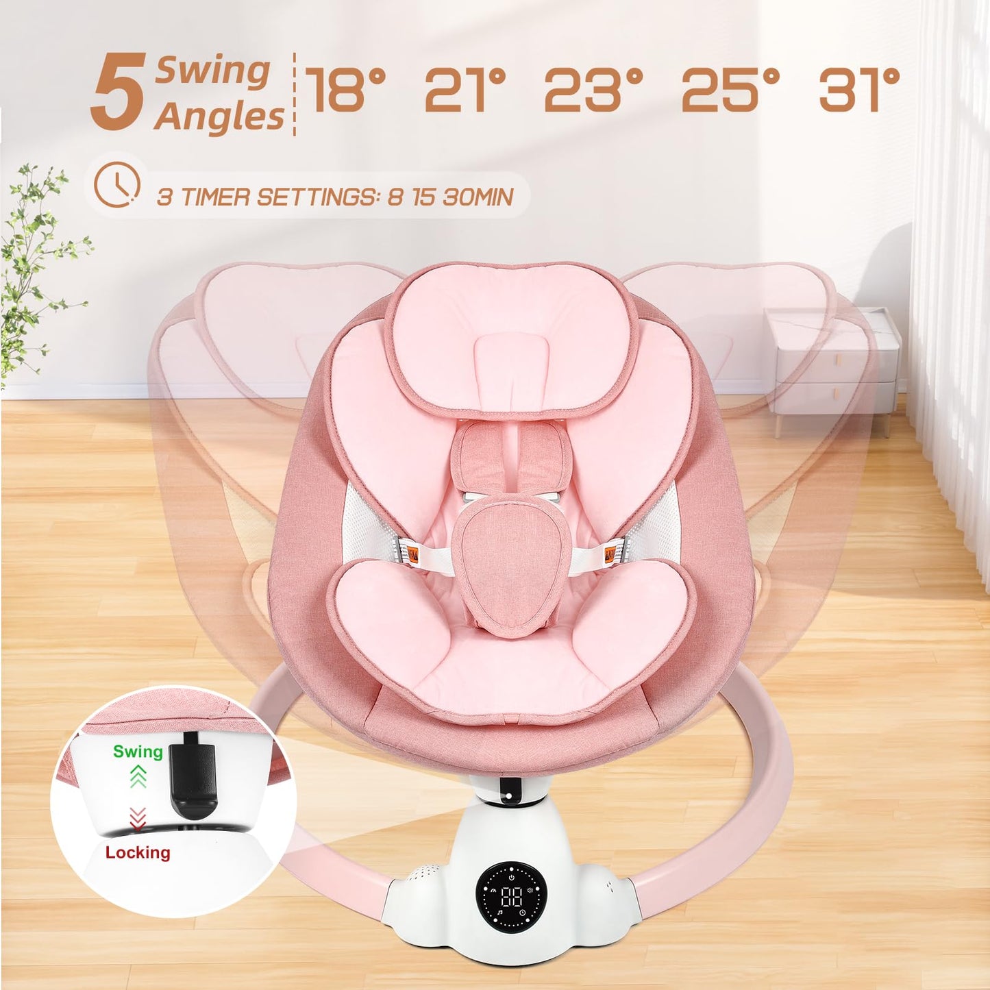 Uuoeebb Baby Swing for Infants, Portable Electric Baby Swings with Bluetooth, 5 Swing Speed, 10 Lullabies, 5-Point Harness, Remote Control & Touch Panel - Infant Swing for Indoor & Outdoor Use, Pink