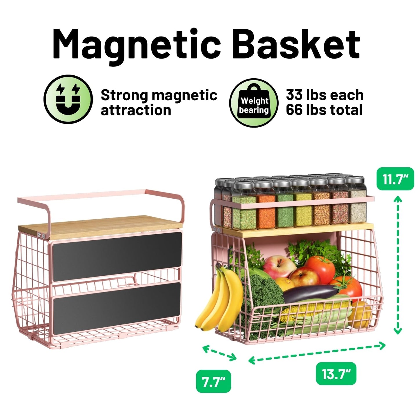 Magnetic Shelf for Fridge with Wood Lid, Fruit Potato and Onion Storage Bins, Pantry Organizers & Storage, Large Container Magnetic Spice Rack for Refrigerator, Kitchen Counter, Cabinet (Pink, 1)