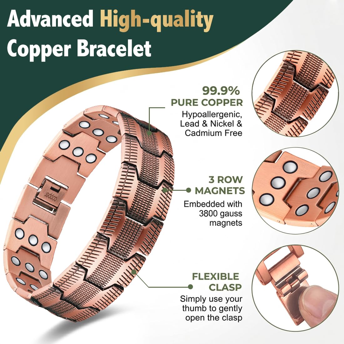 Vicmag Copper Magnetic Bracelet for Men, 3X Strength Magnets, Pure Copper Bracelet & 9X Magnet Ring Set, Adjustable Fit with Sizing Tool(Textured Copper)