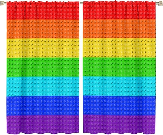 Colorful Building Block Toy Curtain Rod Pocket Children's Nursery Rainbow Contour Plastic Toy Brick Geometric Print Pattern Curtain Boys Girls Bedroom Playroom 2 Panels 72x63in