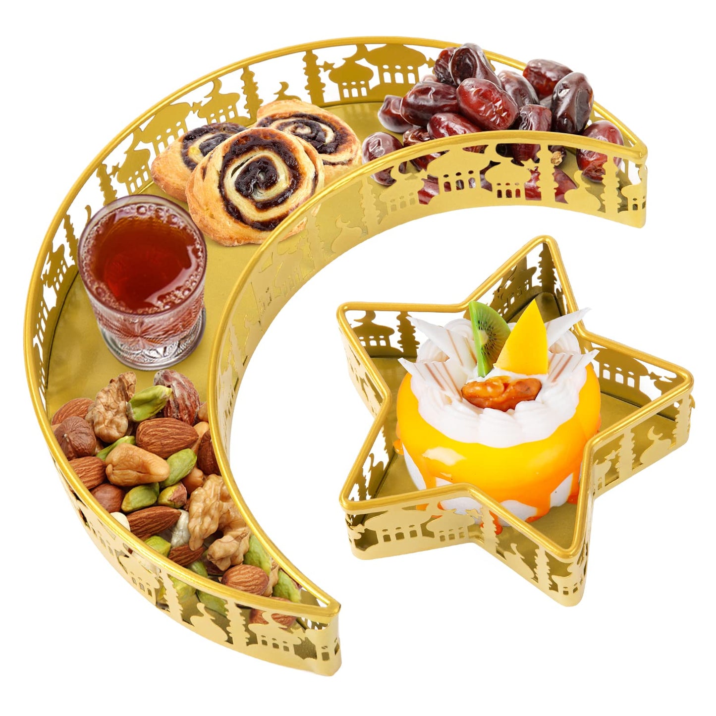 2PCS Ramadan Serving Trays Decorations for Home - Moon Star Shaped Eid Mubarak Table Decor Gifts, Islam Muslim Al-Fitr Iftar Party Crescent Iron Platters Dishes(Palace Pattern)