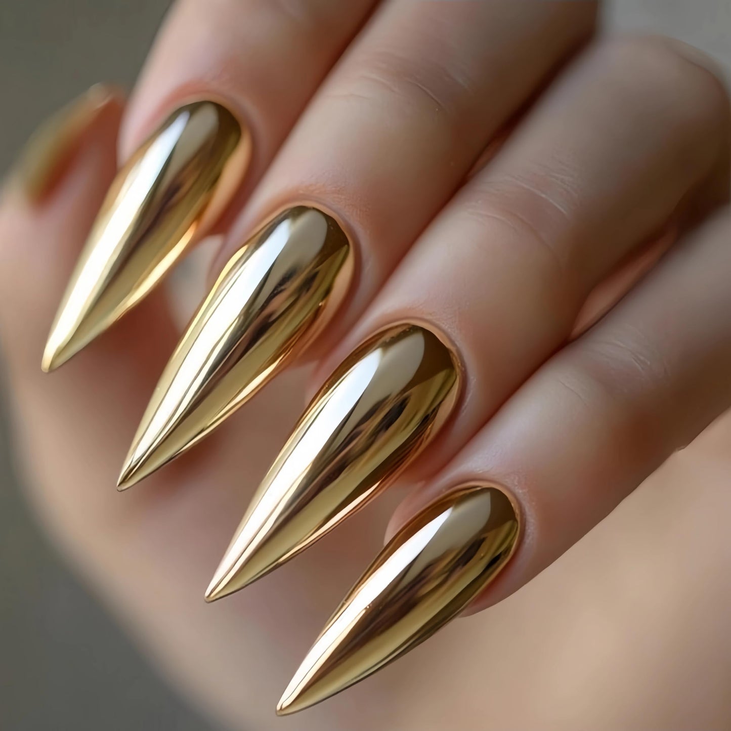 MERVF Long Stiletto Press on Nails Almond, Gold Chrome Fake Nails Solid Color Design Glue ons Luxury Electroplated Acrylic Nail Glossy 24pcs