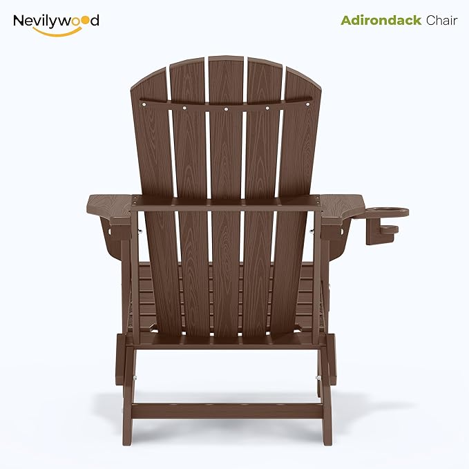 nevilywood Folding Adirondack Chair with Cup Holder Set of 4, HDPE Patio Chairs,All-Weather Outdoor Chairs for Backyard, Deck,Fire Pit-Coffee