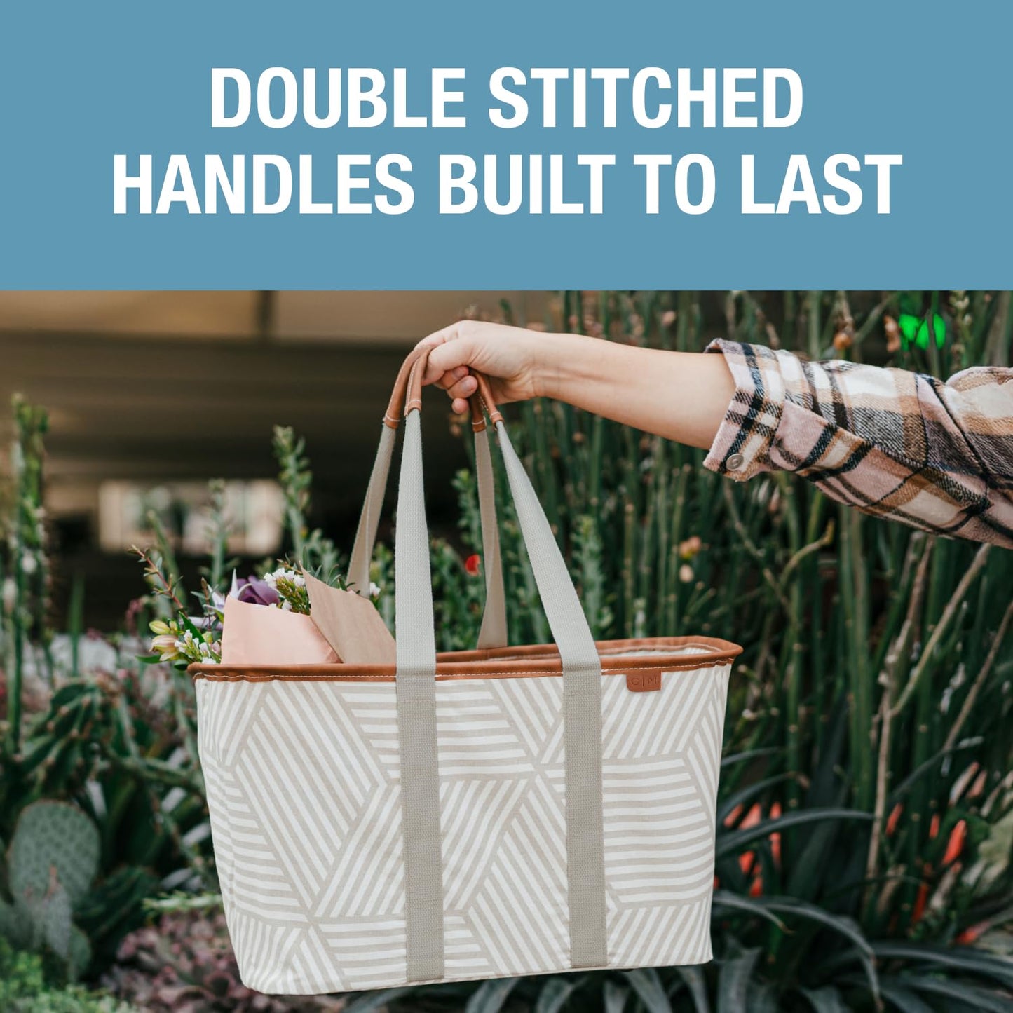 CleverMade Snapbasket LUXE Collapsible Tote - Geometric Taupe 1 Pack 30L / 8 Gal - Reusable Grocery Collapsible Storage Shopping Organizer