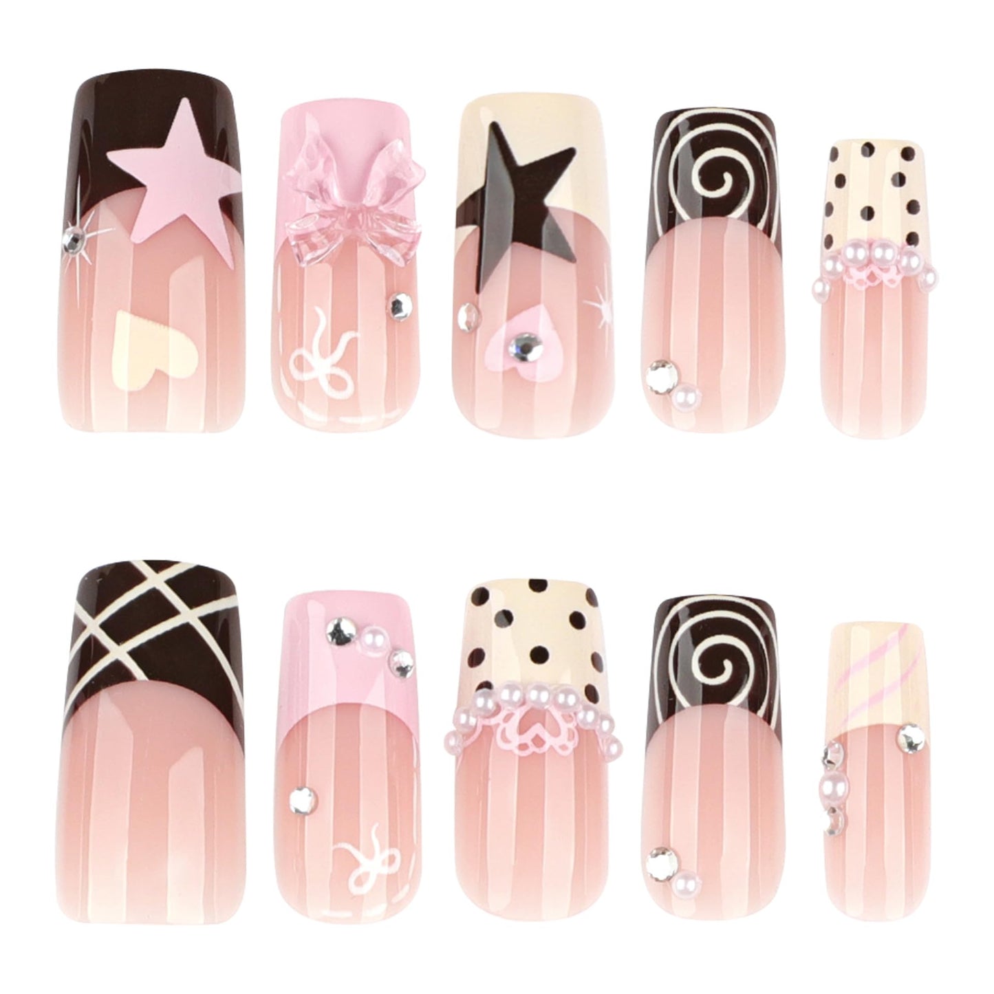 plalely Press on Nails French Tip, Handmade Acrylic Press on French Tip Nails with Flower Designs，Long Square Nail Press Ons for Women 24pcs