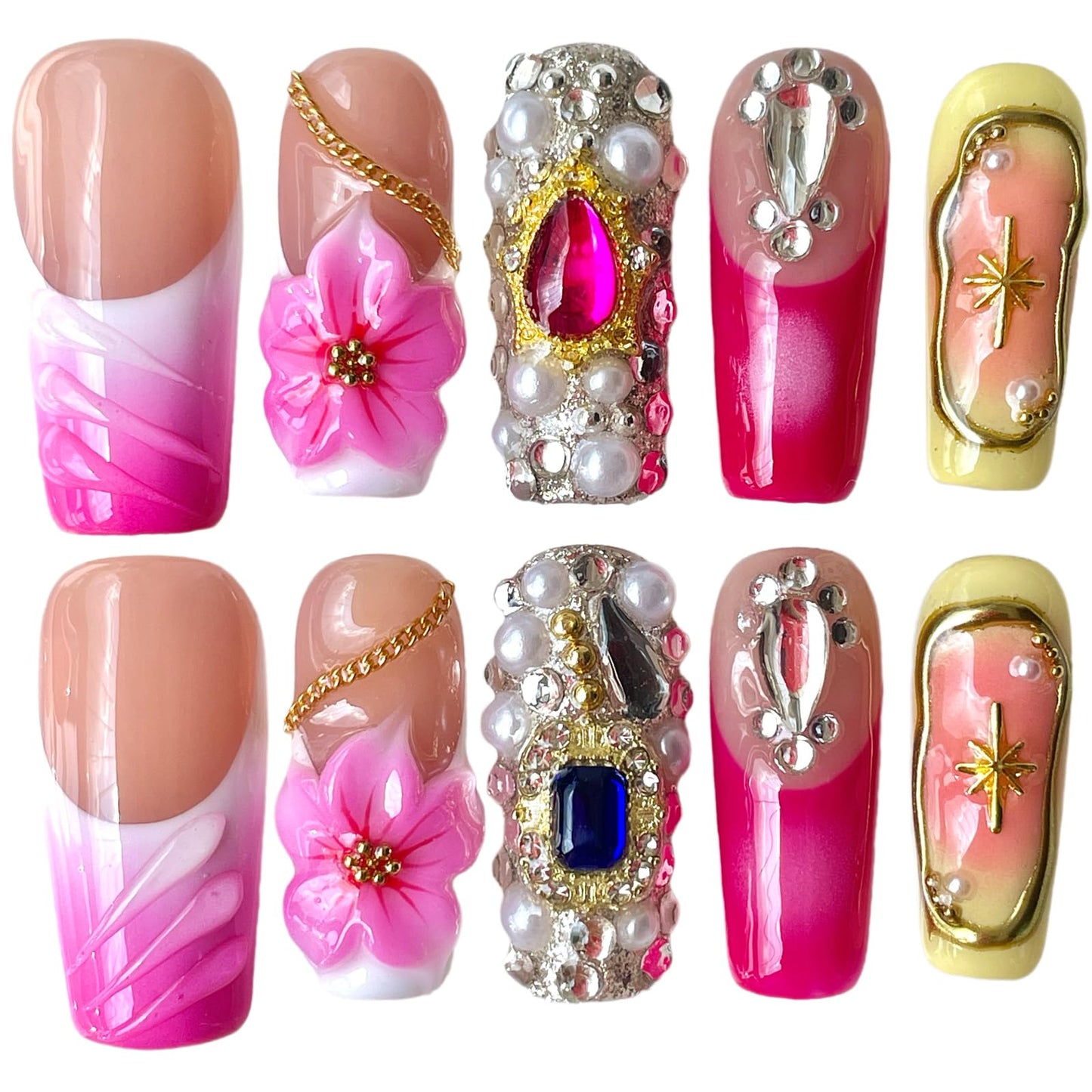 Handmade Press on Nails - 3D Pink Floral Design with Full Diamond & Gold Chains, Medium Long Square Shape Acrylic False Nails, Reusable Luxury Glam Nail Art (Satin Rose, L)