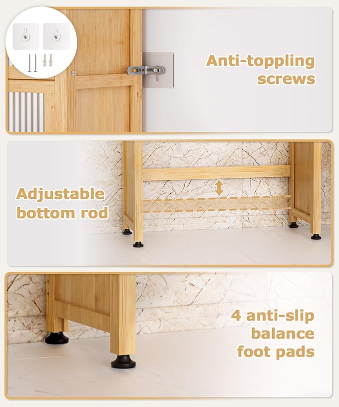 Over The Toilet Storage Shelf with Drawer, Above Bamboo Bathroom Organizer Cabinet with Anti-Tip and Waterproof Feet Pad Design, Freestanding Shelf for Bathroom (Bamboo)