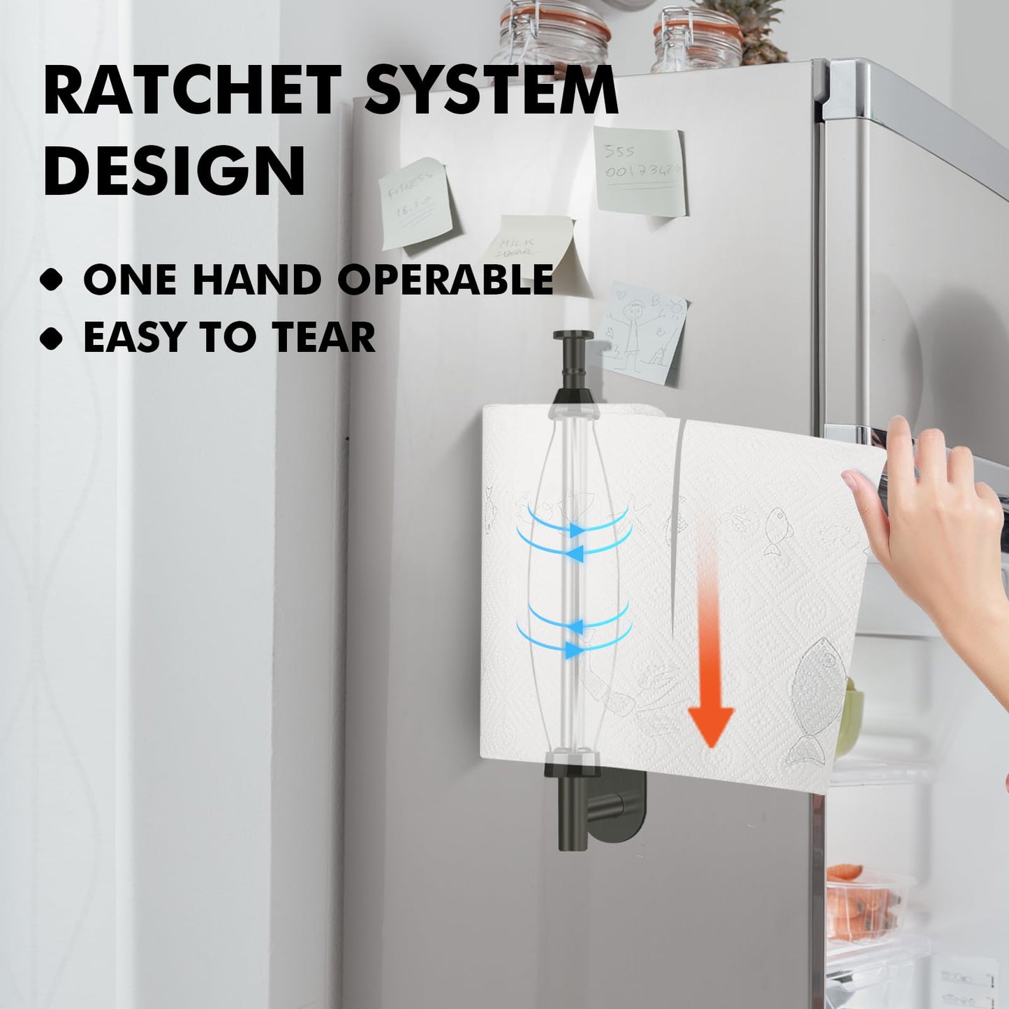 KIHOGEM Magnetic Paper Towel Holder, One Hand Operable Paper Towel Holder Wall Mount Self Adhesive and Strong Magnetic Backing for Kitchen Refrigerator Grill RV(Black)