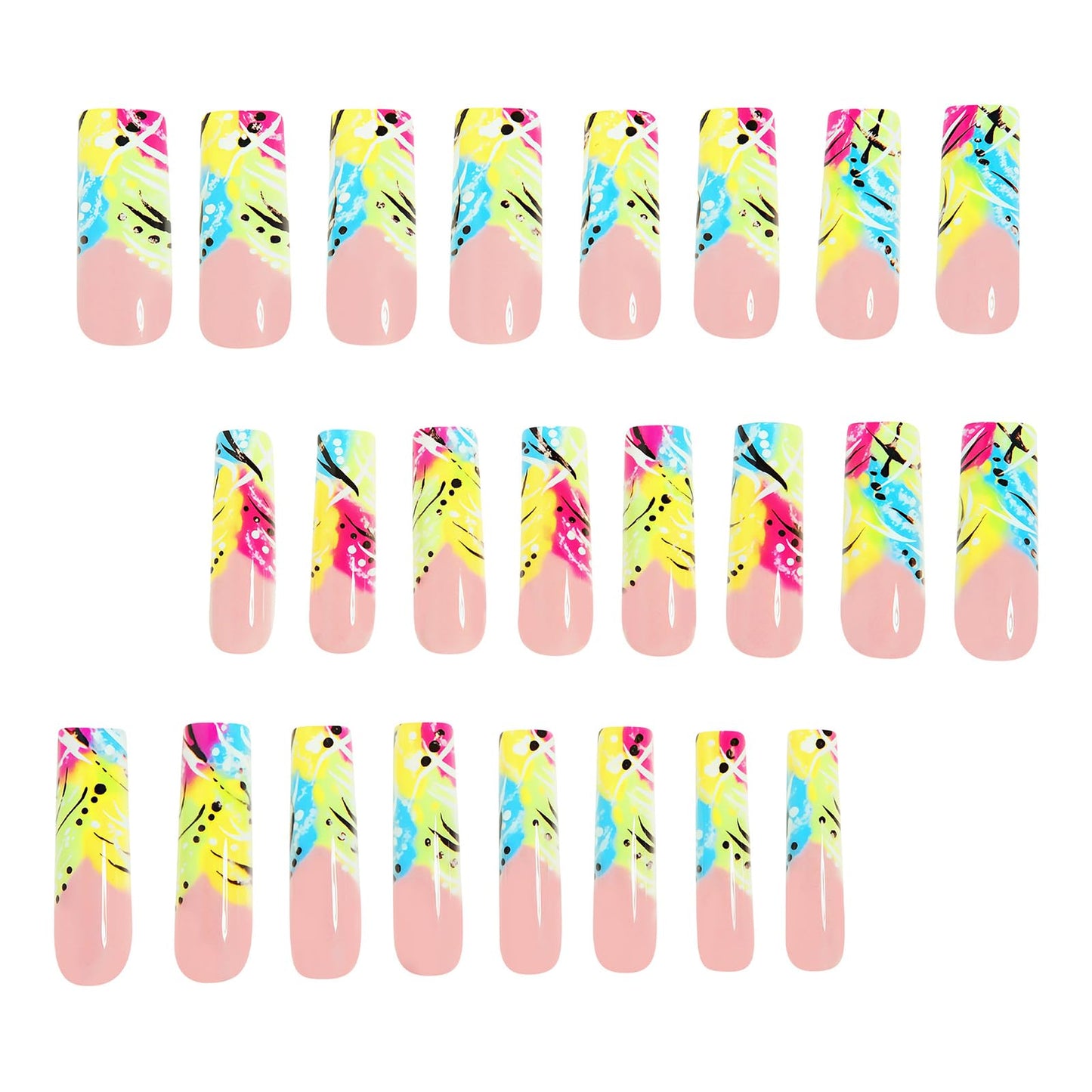 MISUD Press on Nails - Long Square Fake Nails with Summer Colorful, Acrylic Rainbow French Tip Design 24 pcs