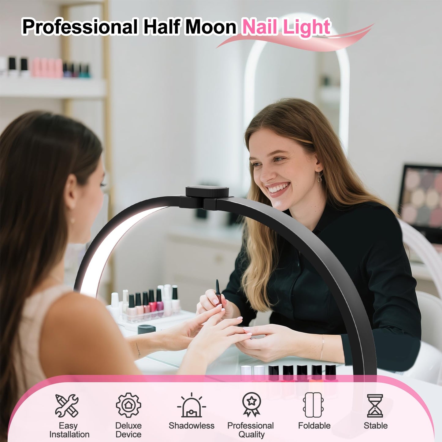 Half Moon Light for Nail Desk: 29in LED Arch Nail Tech Table Lamp with Phone Holder - Salon Professional Desk Light 3 Color Modes & 10 Brightness Lighting for Manicure Technician Use（Black,Large）