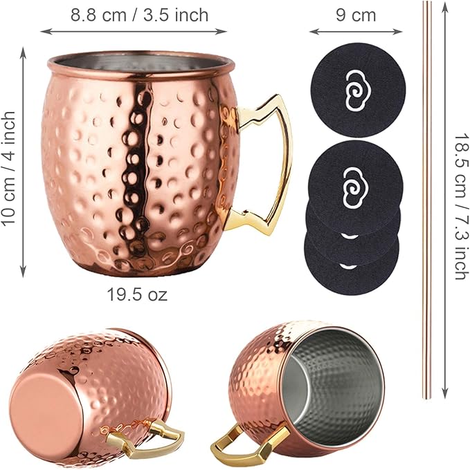 LIVEHITOP Moscow Mule Mugs Set of 4, Handcrafted Copper Cocktail Cups Kit 19.5 oz with Coasters for Cold Drink, Wine, Bar, Party, Hotel, Gift