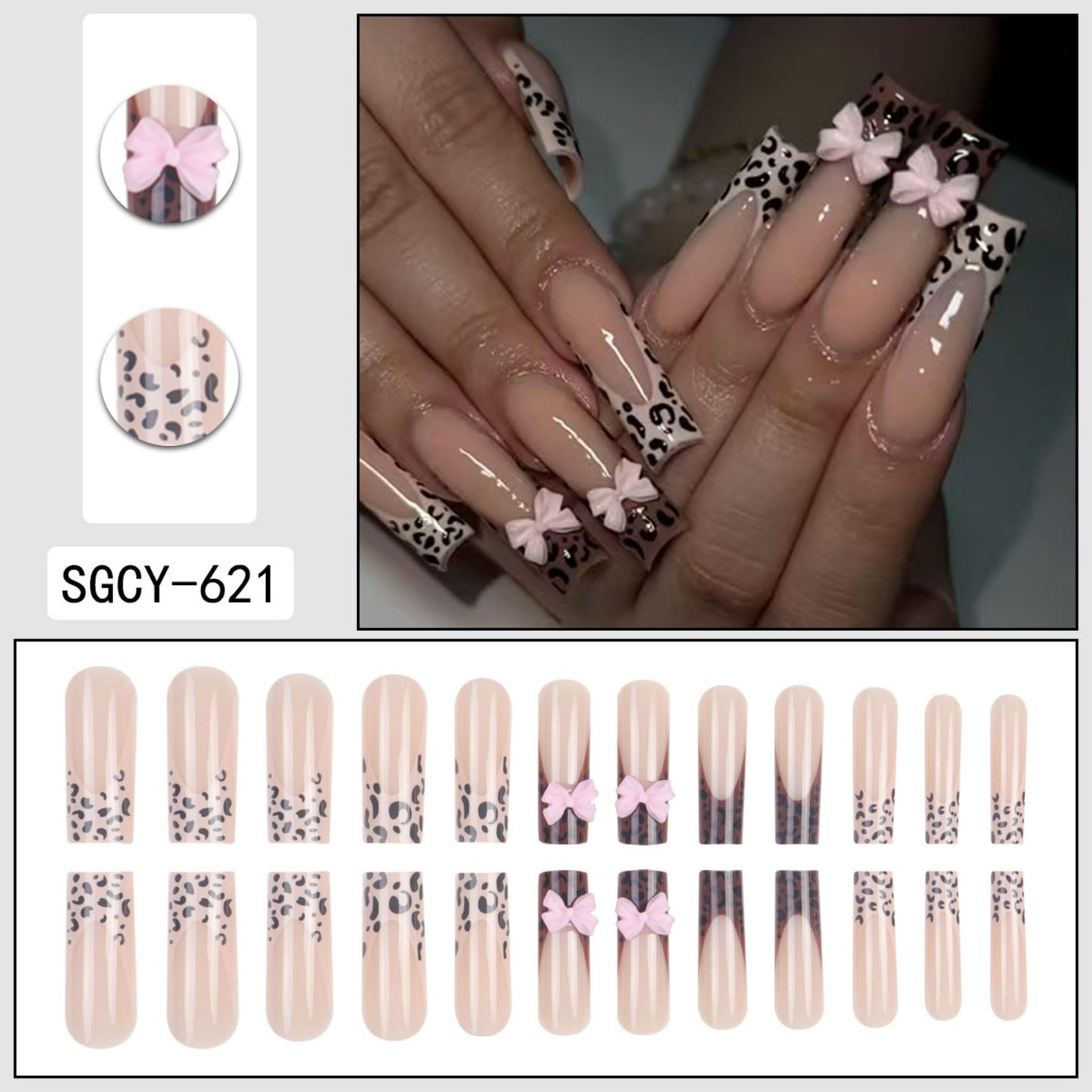 SEENEEY Long Press on Nails Square Fake Nails Brown Artificial Nail Bow Designs Stick on Nail for Women 24pcs