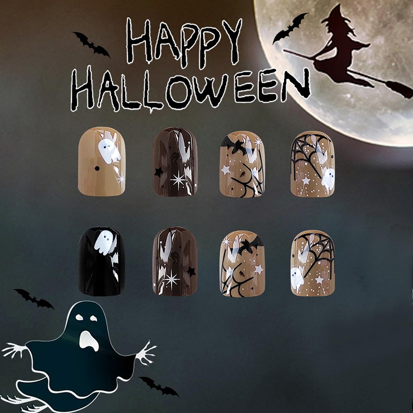 Brown Halloween Press on Nails Spider, Cobweb Stick on Nails Short Square False Nail Bat Ghost Nail Glue on Full Cover Matte Acrylic Nail Halloween Reusable Acrylic Nails for Women 24Pcs