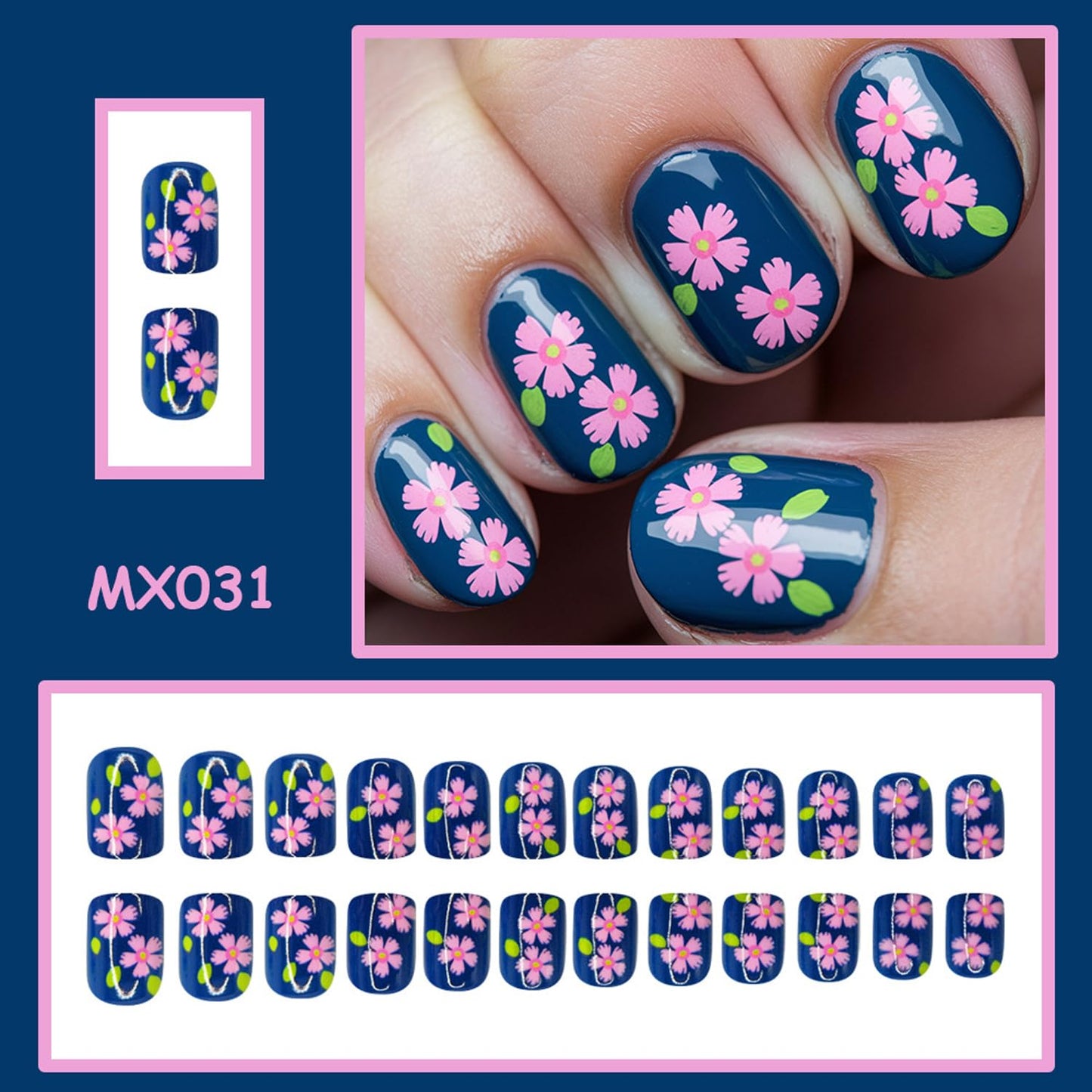 Short Square Press On Nails Spring Fake Nails With Pink Flower Design Blue False Nails Full Cover Artificial Reusable Cute Glue On Nail Acrylic Glossy Spring Stick On Nail For Women 24pcs