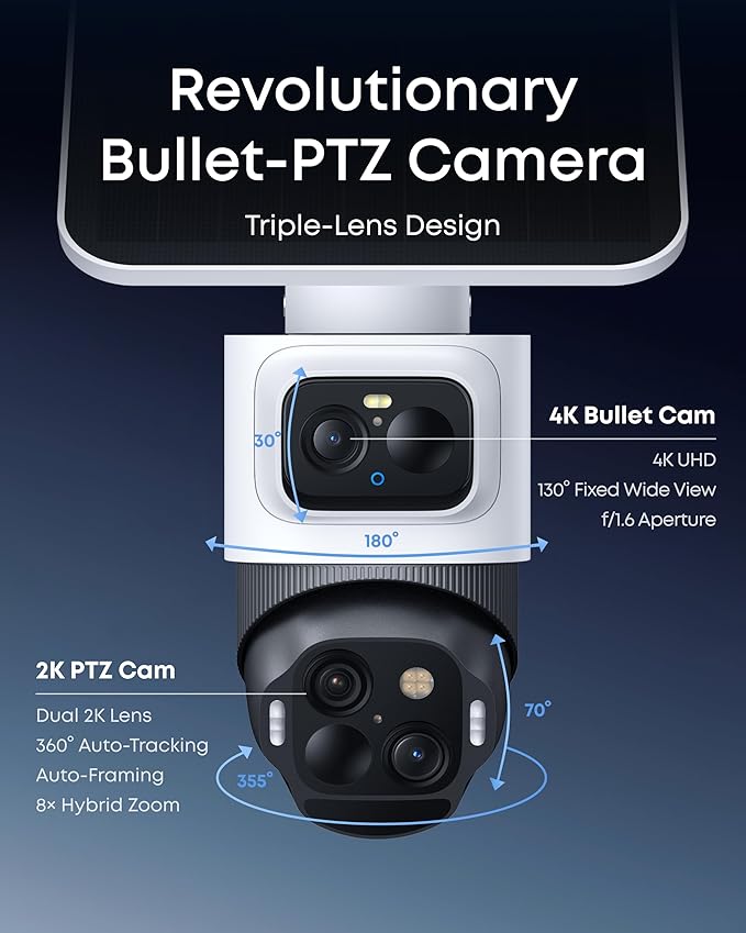 eufy Security eufyCam S4 4-Cam Kit,4K Solar Camera Wireless Outdoor, Triple Lens Bullet-PTZ Cam, 360° View, Cross-Cam Track, AI Recognition, 8X Zoom, Color Night Vision, 0 Monthly Fee, Local Storage